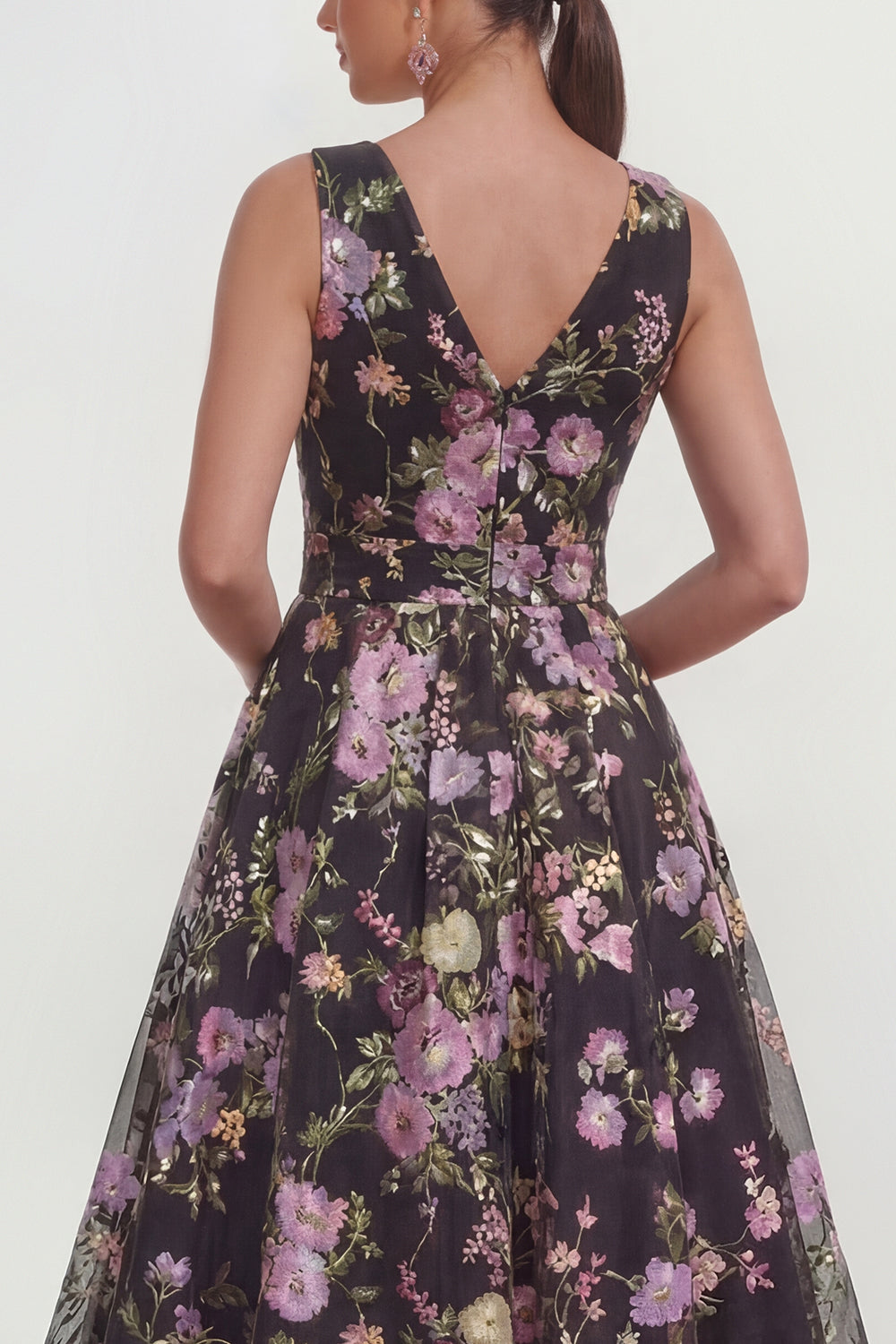 Black Pink Flower A Line V Neck Long Wedding Guest Dress with Bow