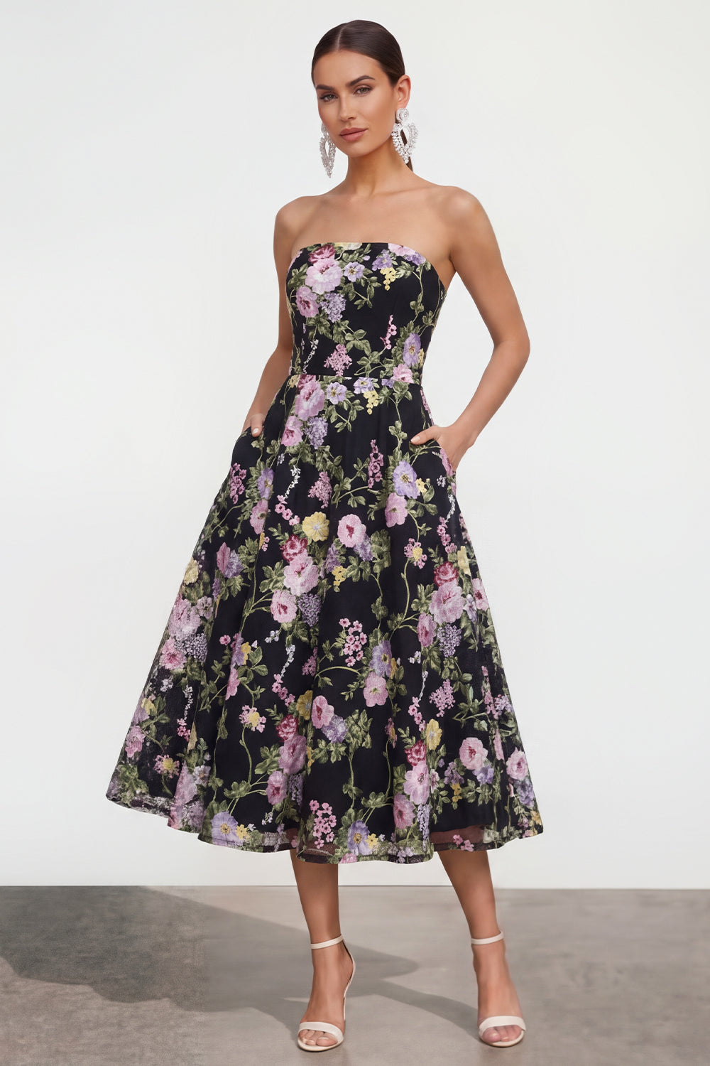 A Line Black Pink Flower Strapless Maxi Wedding Guest Dress with Pockets