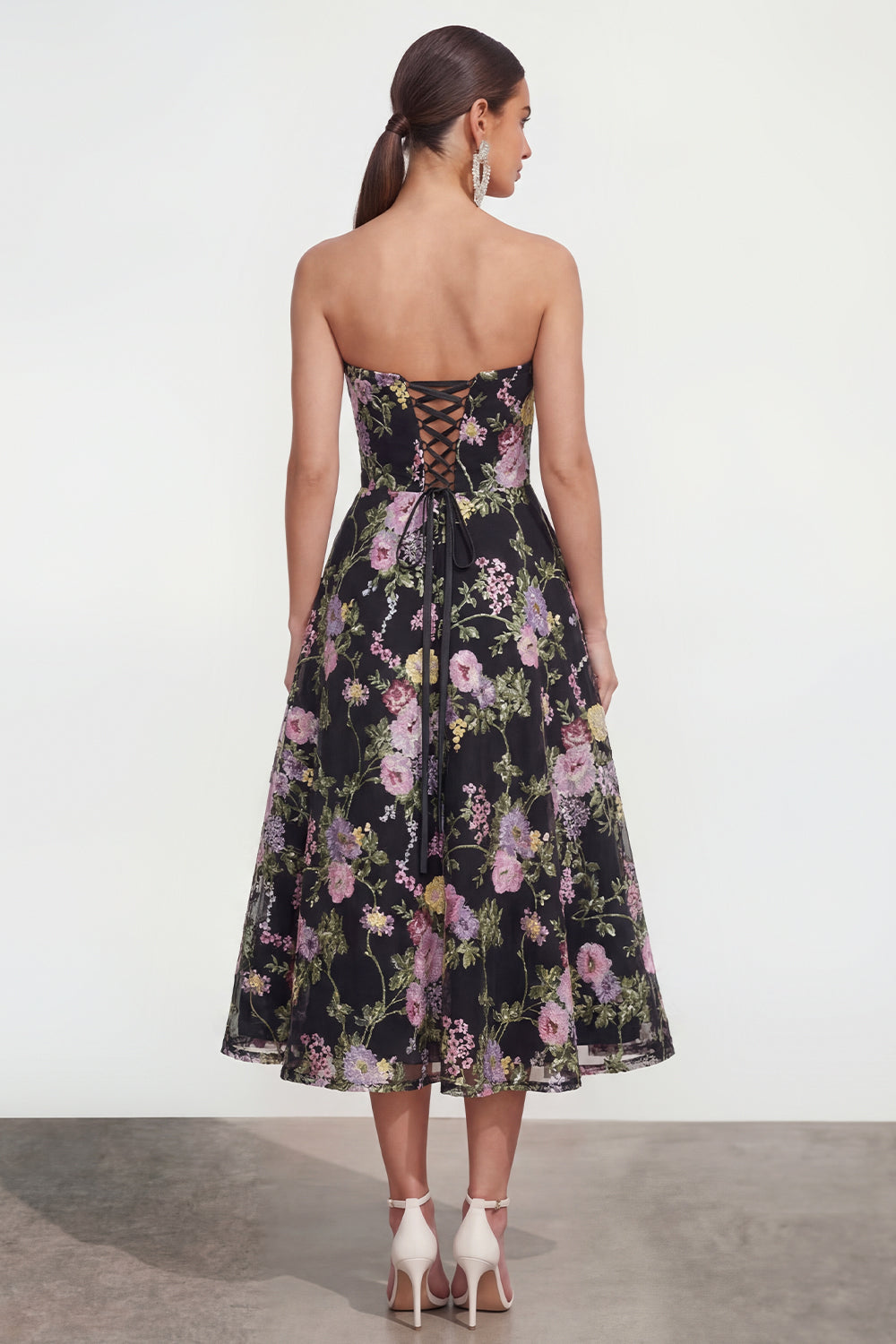 A Line Black Pink Flower Strapless Maxi Wedding Guest Dress with Pockets