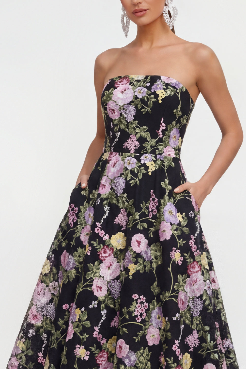 A Line Black Pink Flower Strapless Maxi Wedding Guest Dress with Pockets