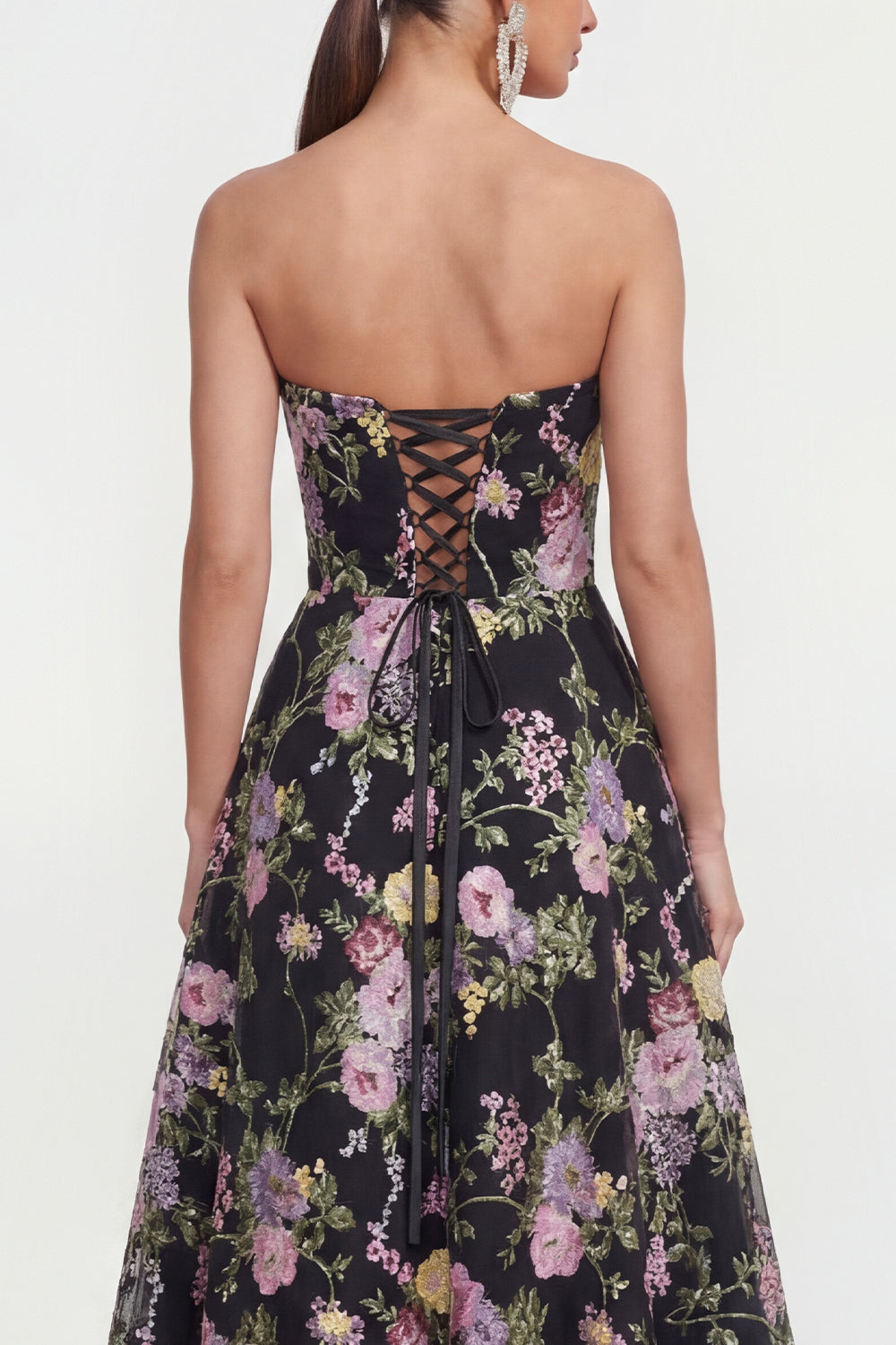 A Line Black Pink Flower Strapless Maxi Wedding Guest Dress with Pockets