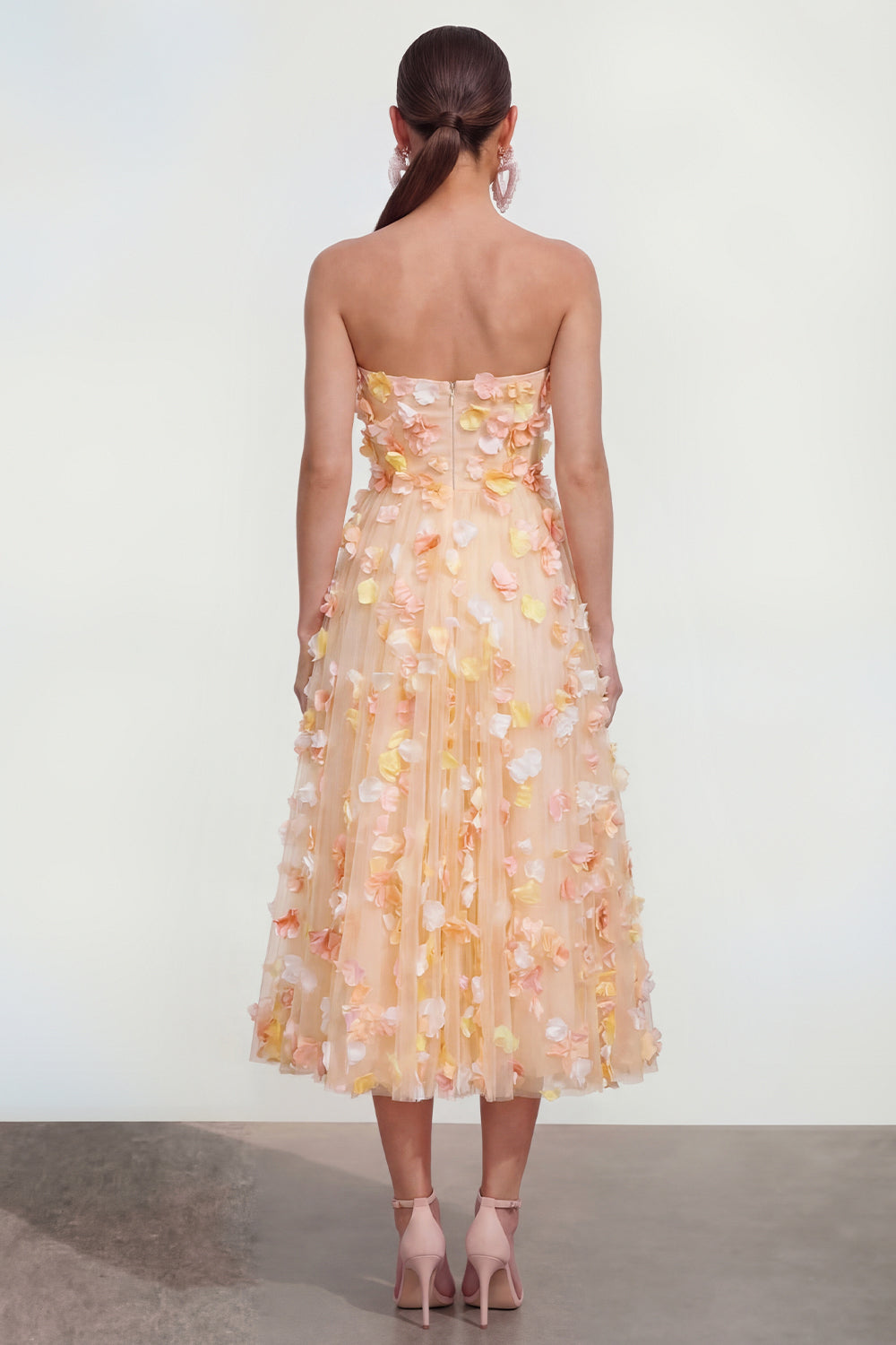Champagne Floral A Line Strapless Long Wedding Guest Dress with Pockets