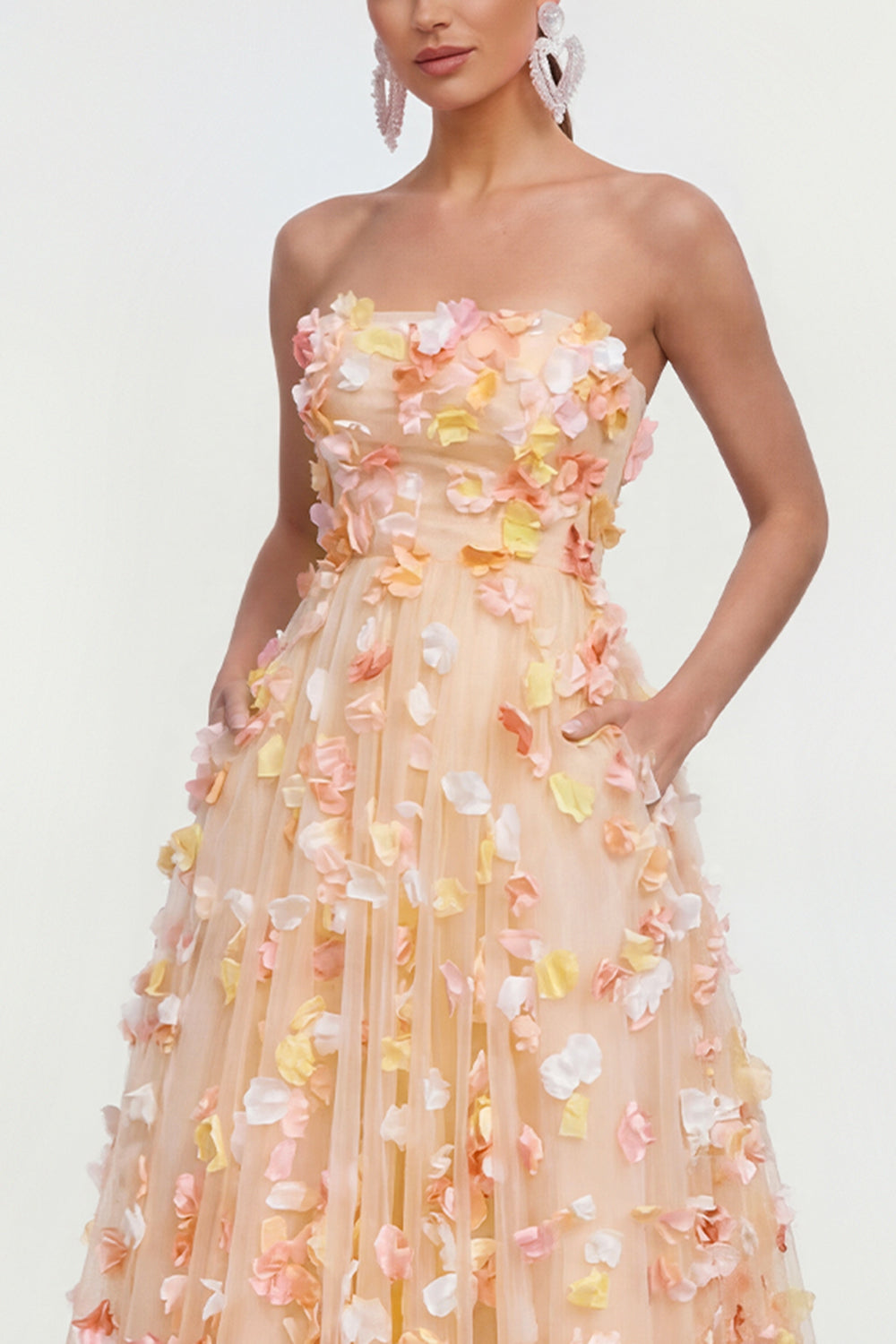 Champagne Floral A Line Strapless Long Wedding Guest Dress with Pockets