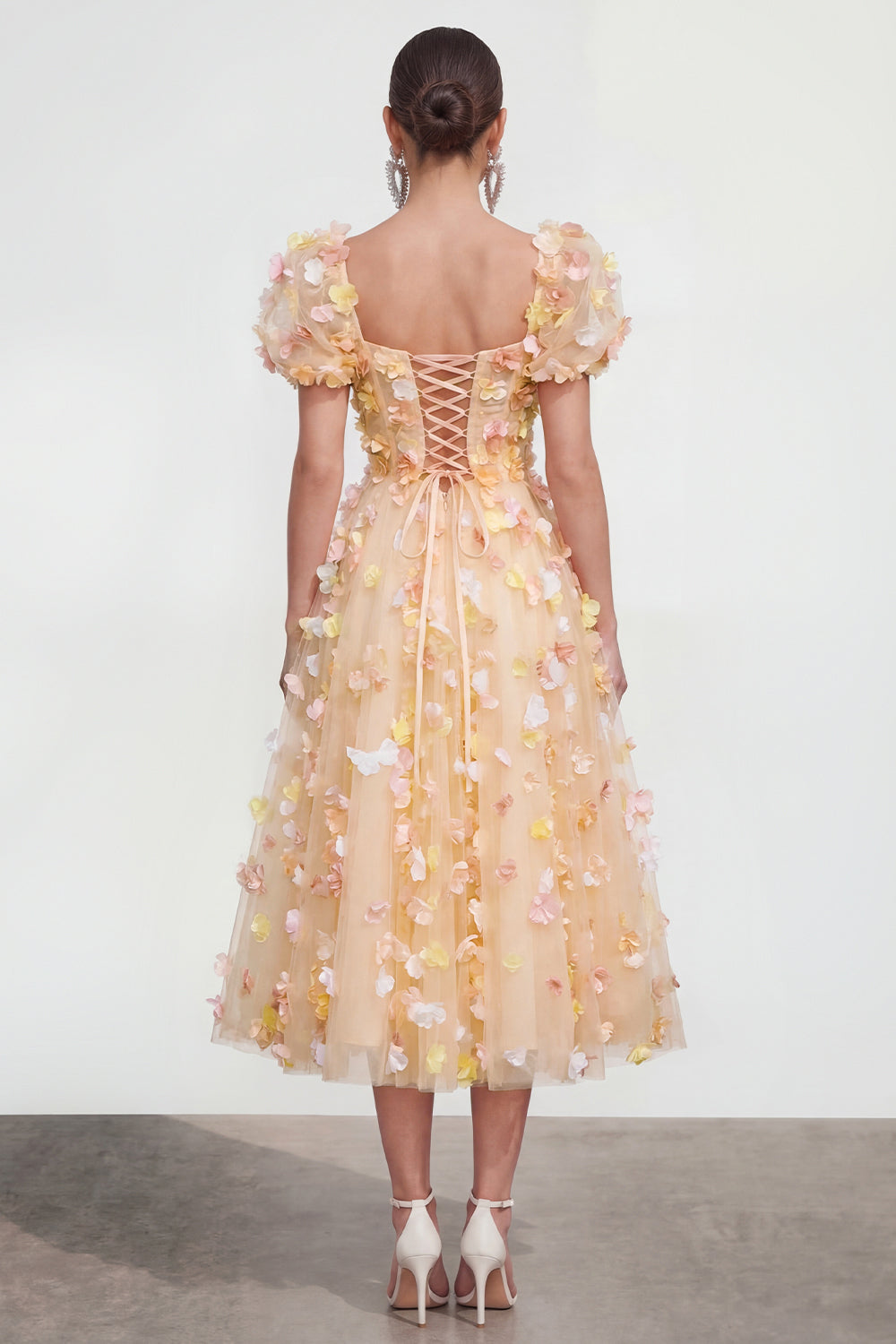 Champagne Floral A Line Puff Sleeves Maxi Wedding Guest Dress