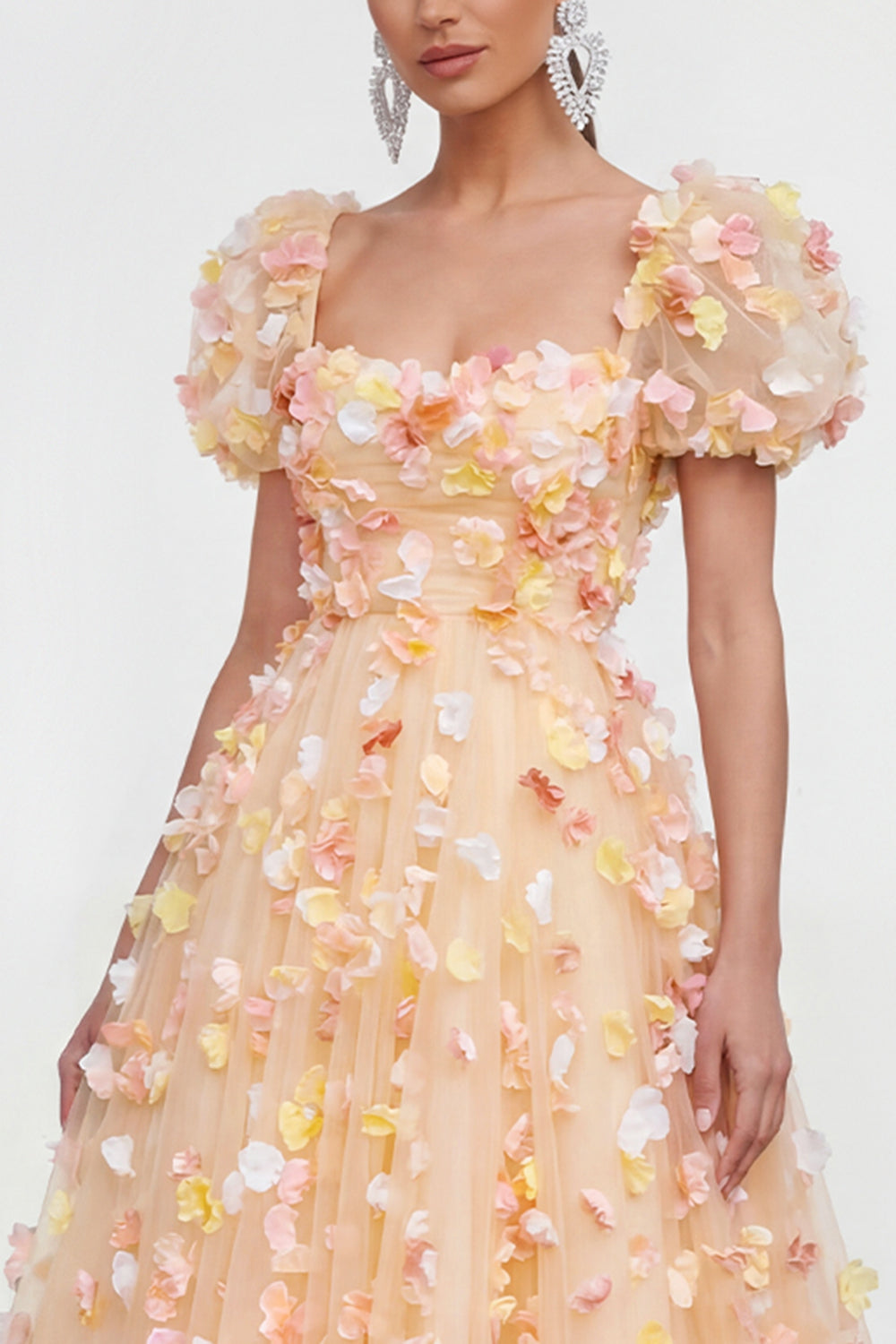 Champagne Floral A Line Puff Sleeves Maxi Wedding Guest Dress