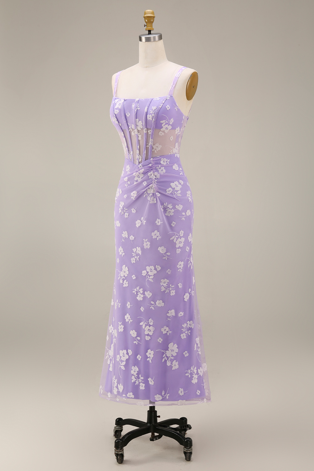 Lilac Sheath Ruched Corset Thick Straps Long Wedding Guest Dress