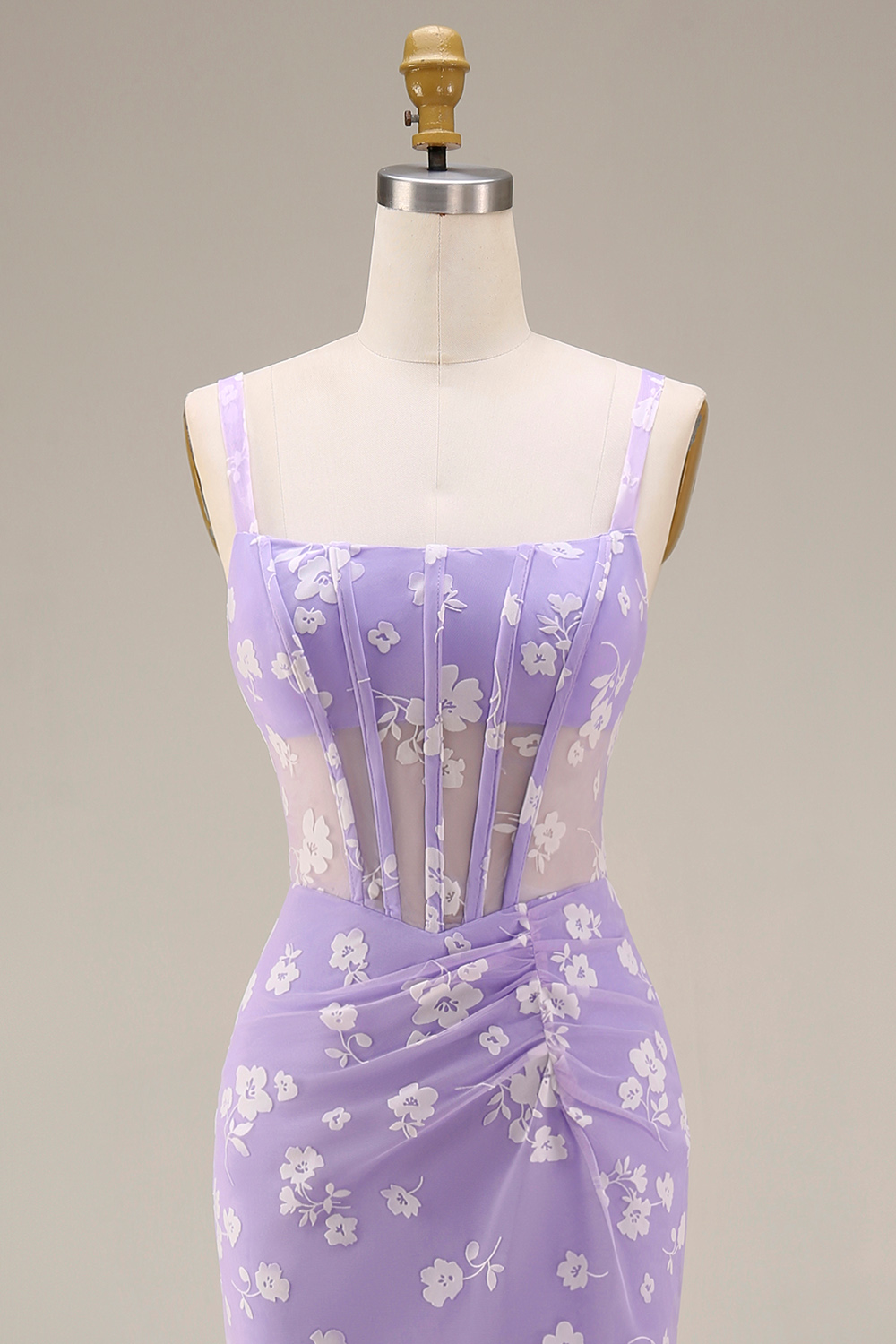Lilac Sheath Ruched Corset Thick Straps Long Wedding Guest Dress
