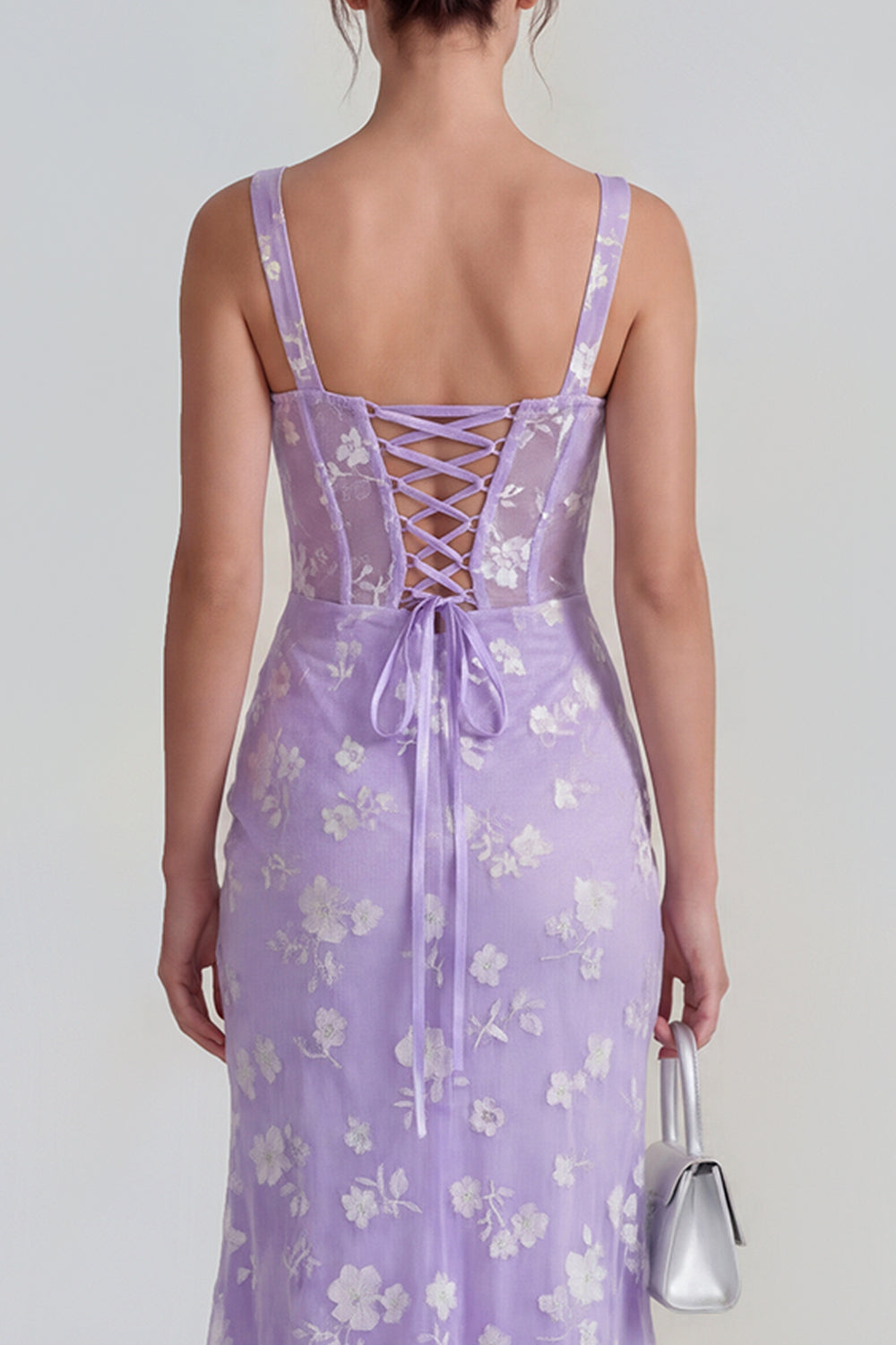 Lilac Sheath Ruched Corset Thick Straps Long Wedding Guest Dress