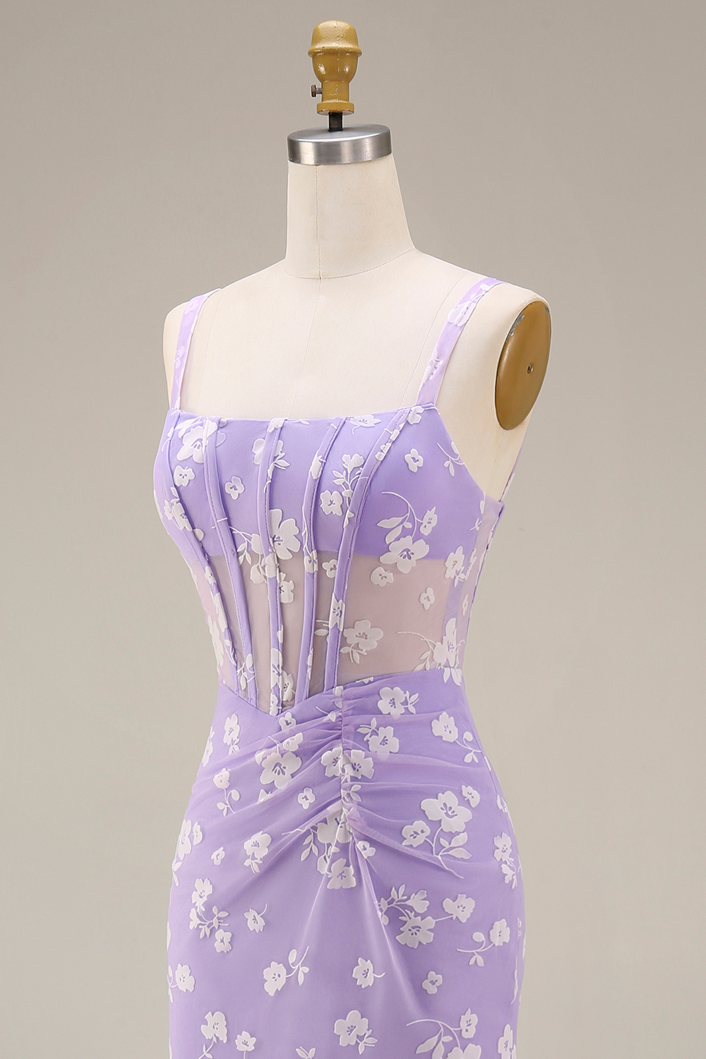 Lilac Sheath Ruched Corset Thick Straps Long Wedding Guest Dress