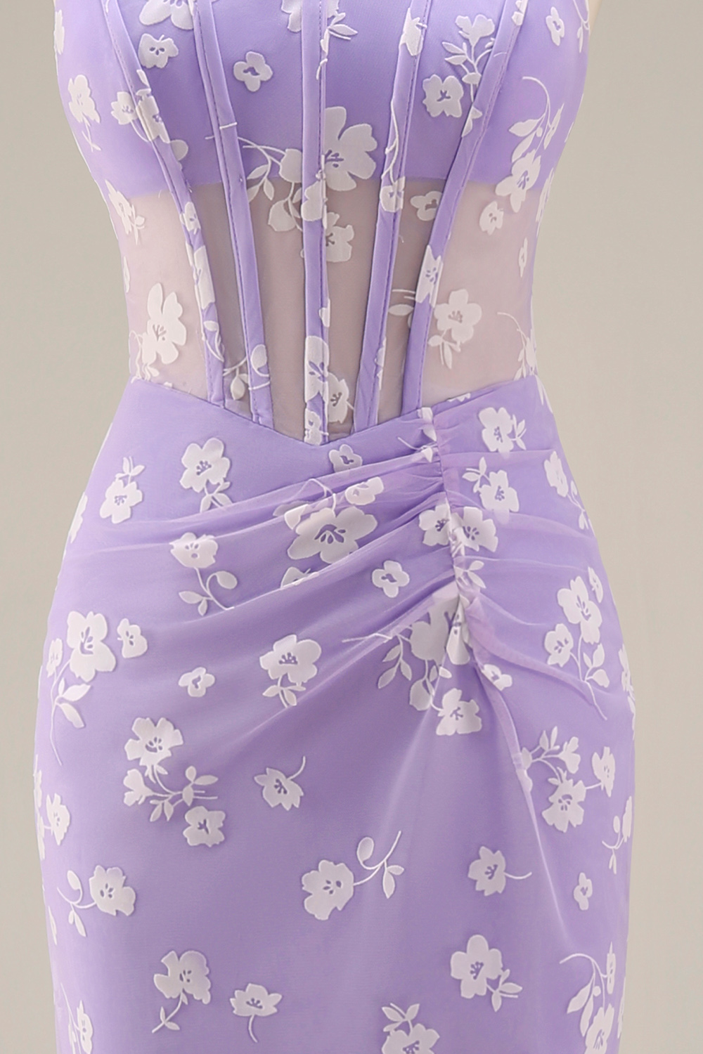 Lilac Sheath Ruched Corset Thick Straps Long Wedding Guest Dress