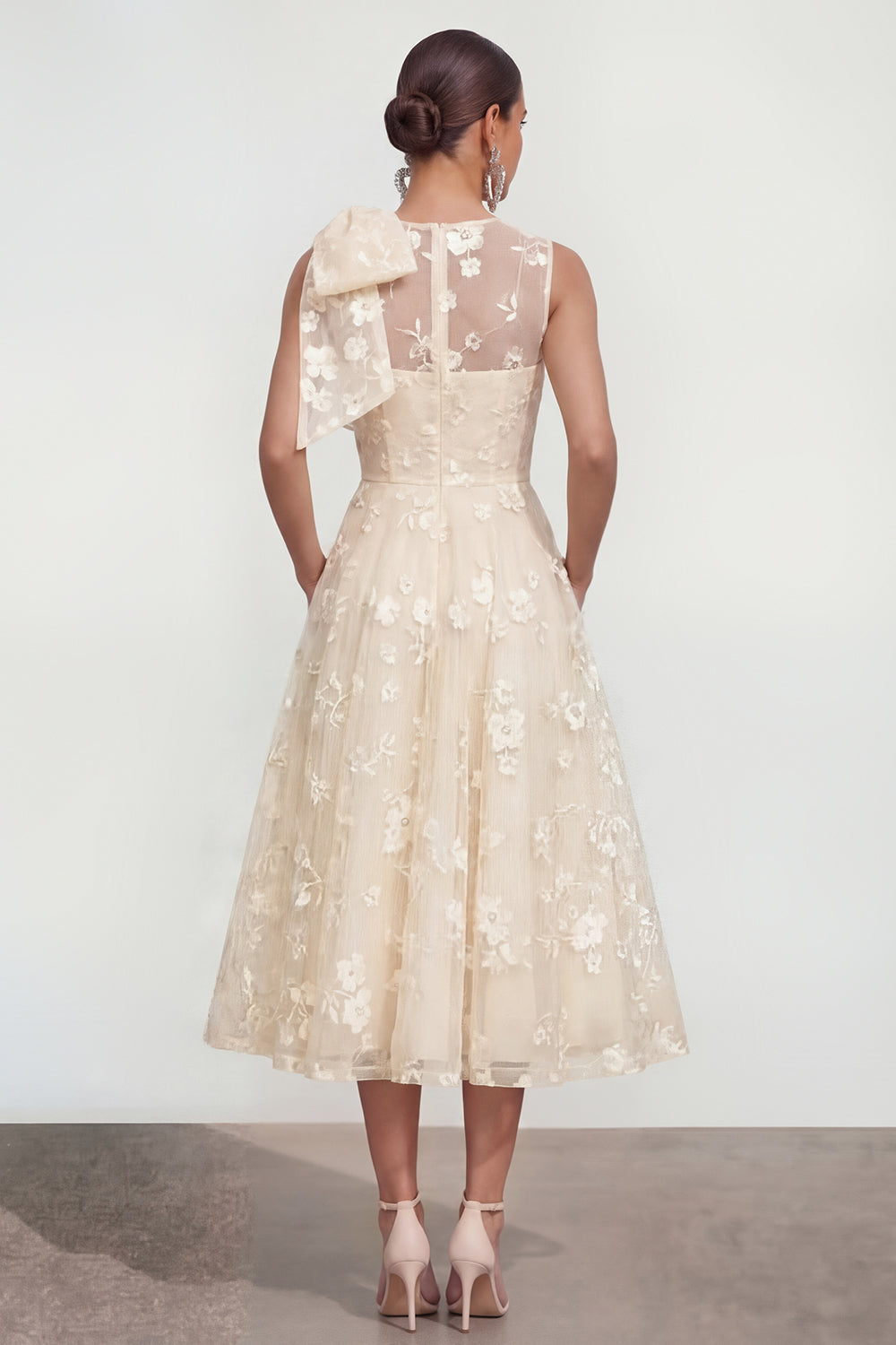 Blue Floral Round Neck A Line Long Wedding Guest Dress with Pockets