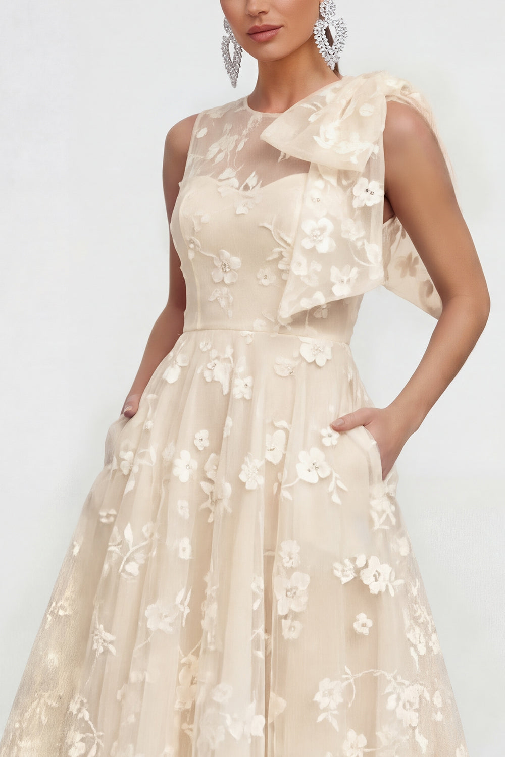 Blue Floral Round Neck A Line Long Wedding Guest Dress with Pockets