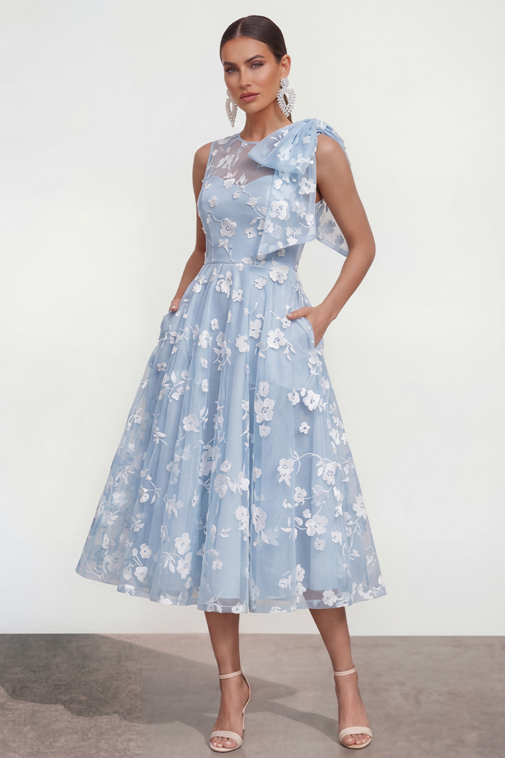 Blue Floral Round Neck A Line Long Wedding Guest Dress with Pockets
