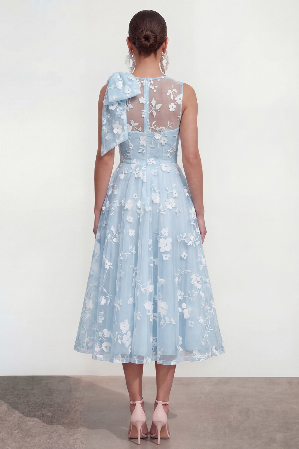Blue Floral Round Neck A Line Long Wedding Guest Dress with Pockets
