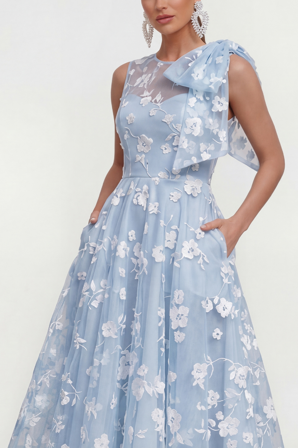 Blue Floral Round Neck A Line Long Wedding Guest Dress with Pockets