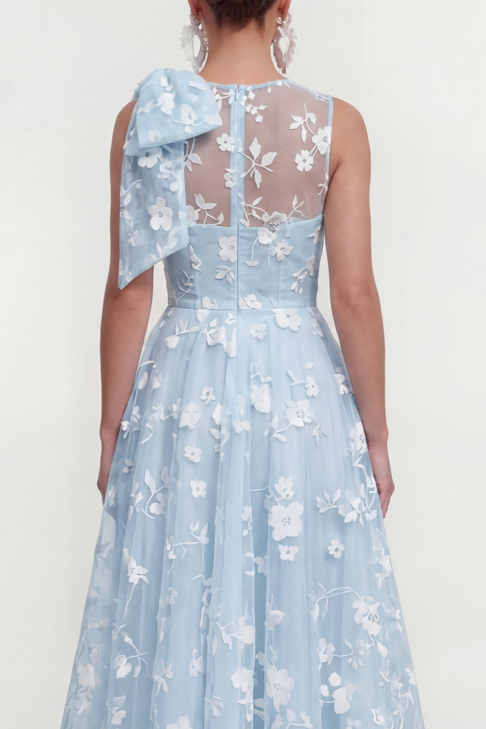 Blue Floral Round Neck A Line Long Wedding Guest Dress with Pockets