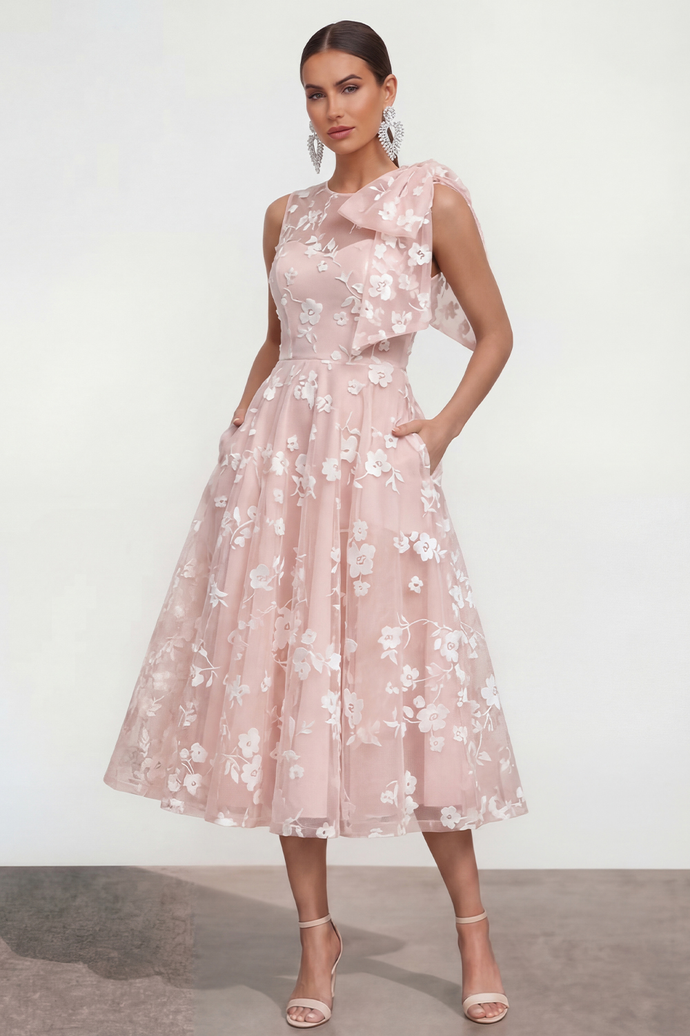 Blue Floral Round Neck A Line Long Wedding Guest Dress with Pockets