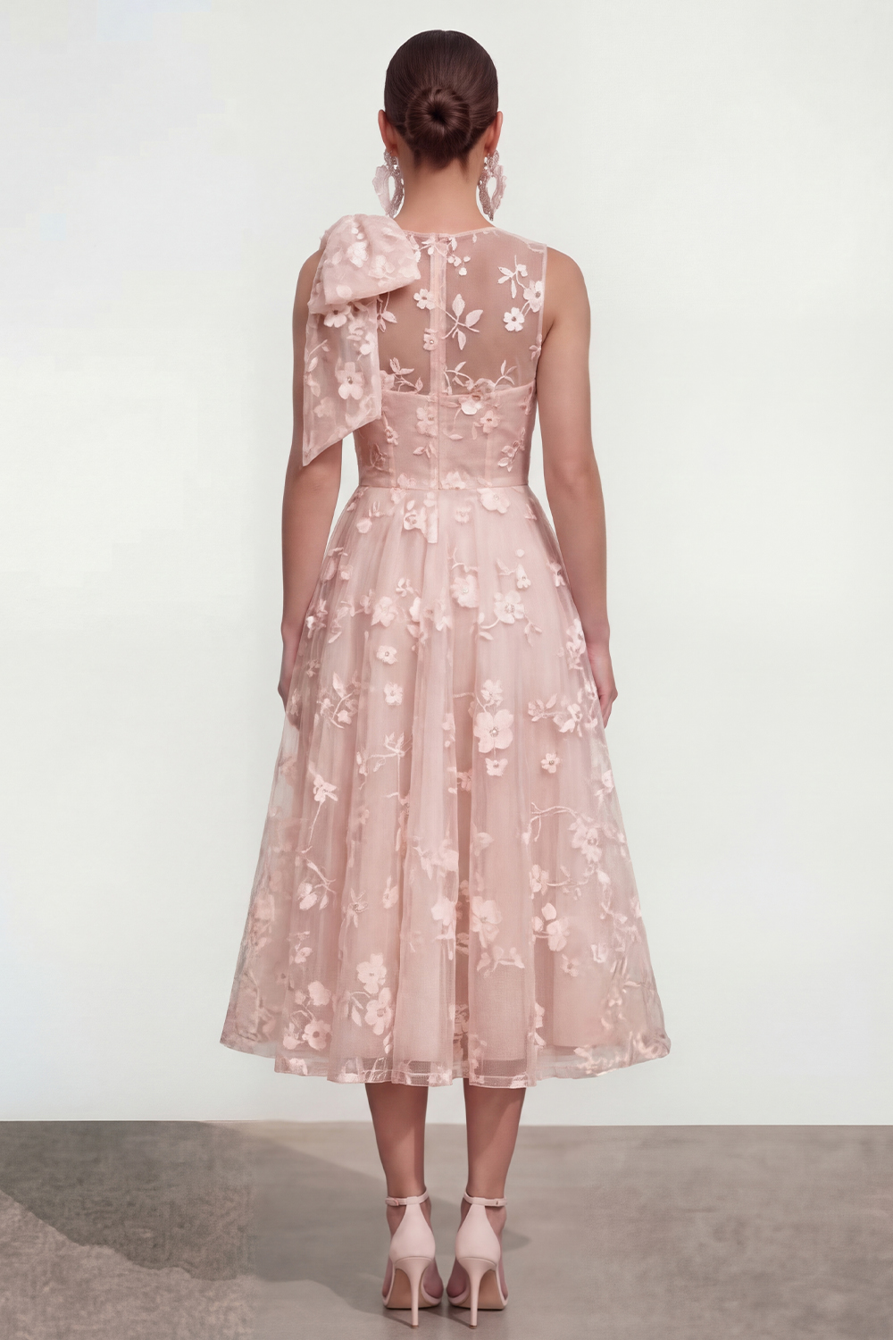 Blue Floral Round Neck A Line Long Wedding Guest Dress with Pockets