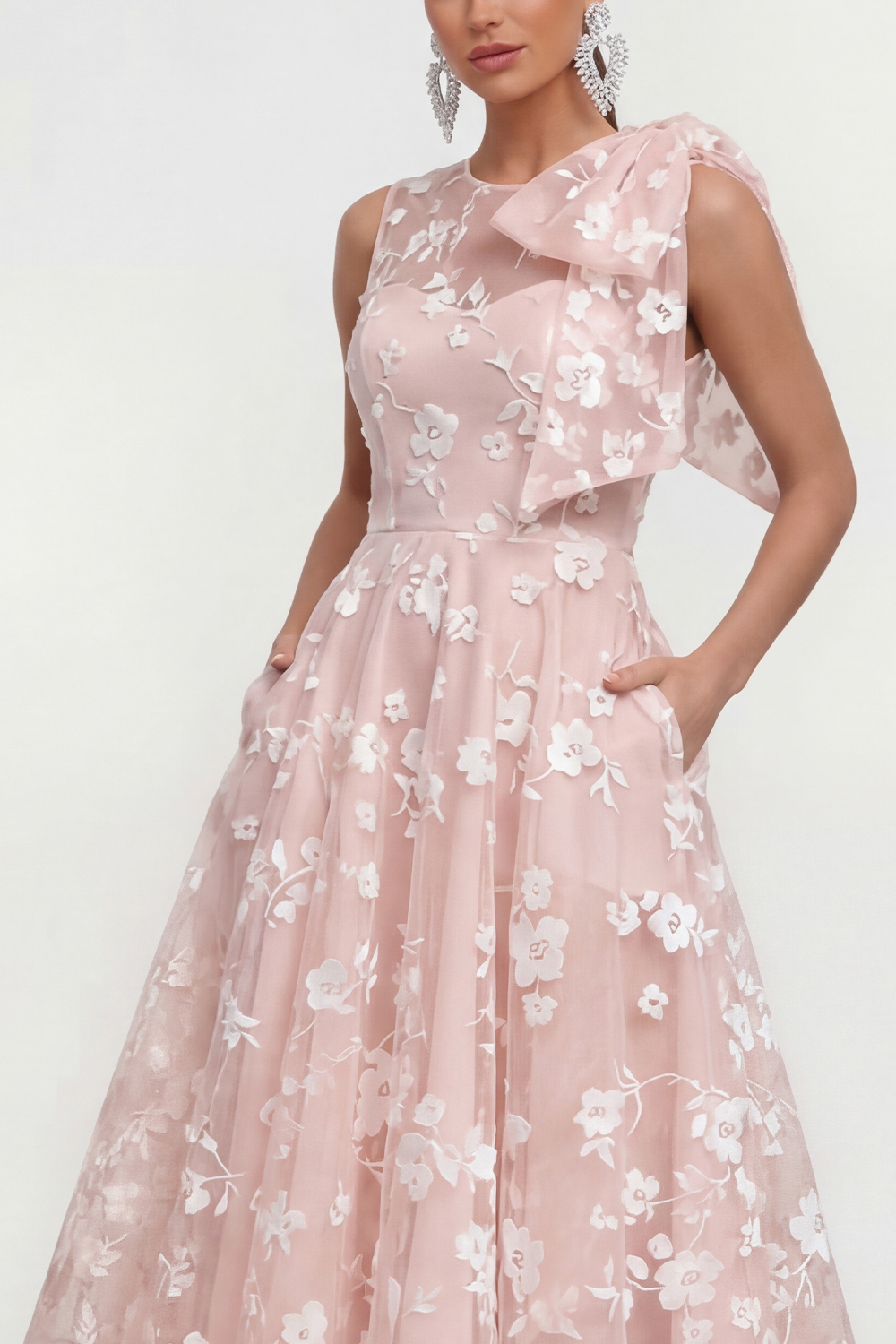 Blue Floral Round Neck A Line Long Wedding Guest Dress with Pockets