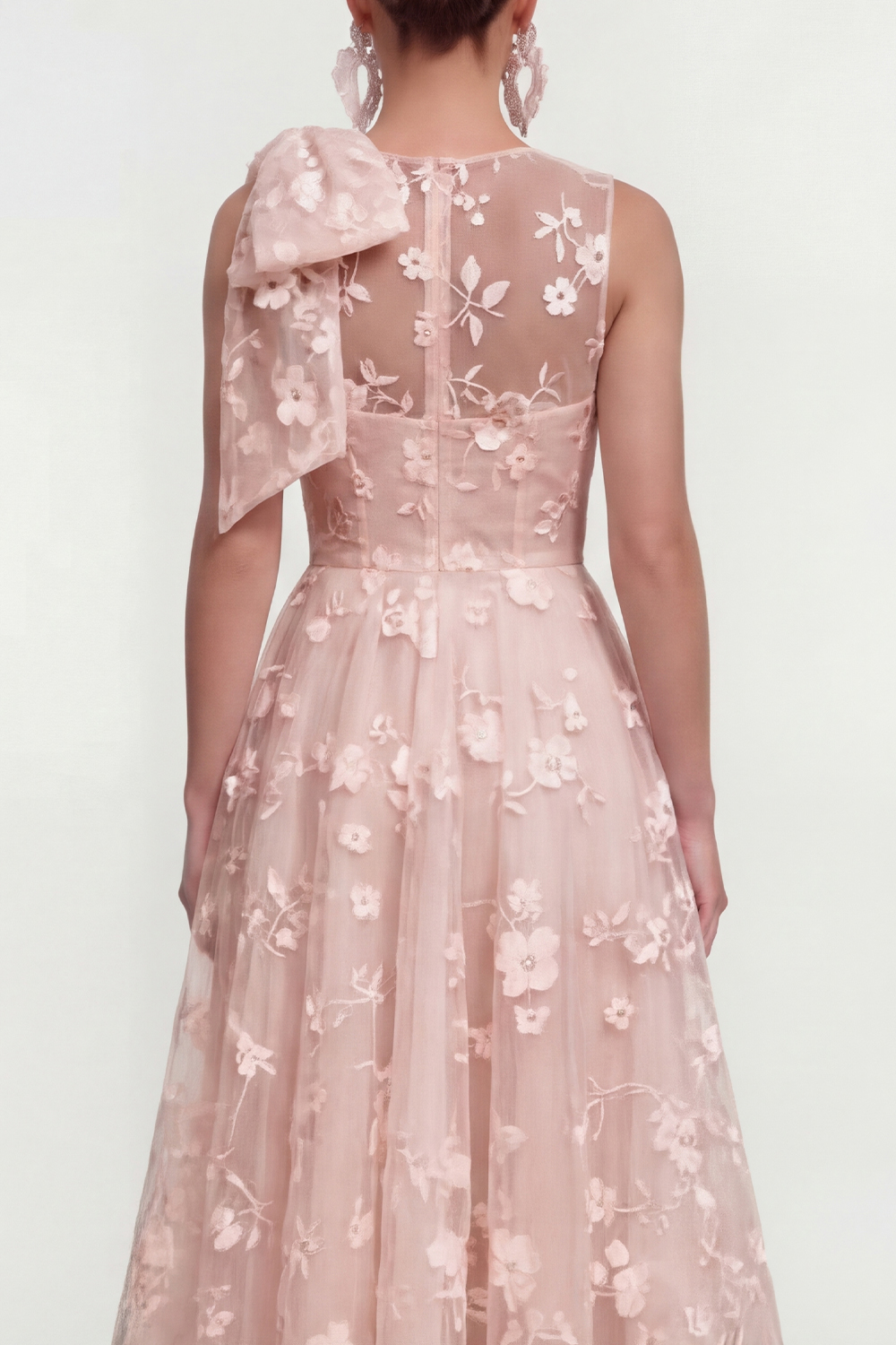 Blue Floral Round Neck A Line Long Wedding Guest Dress with Pockets