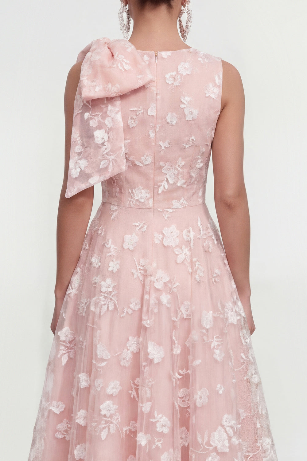 Blue Floral Round Neck A Line Long Wedding Guest Dress with Pockets