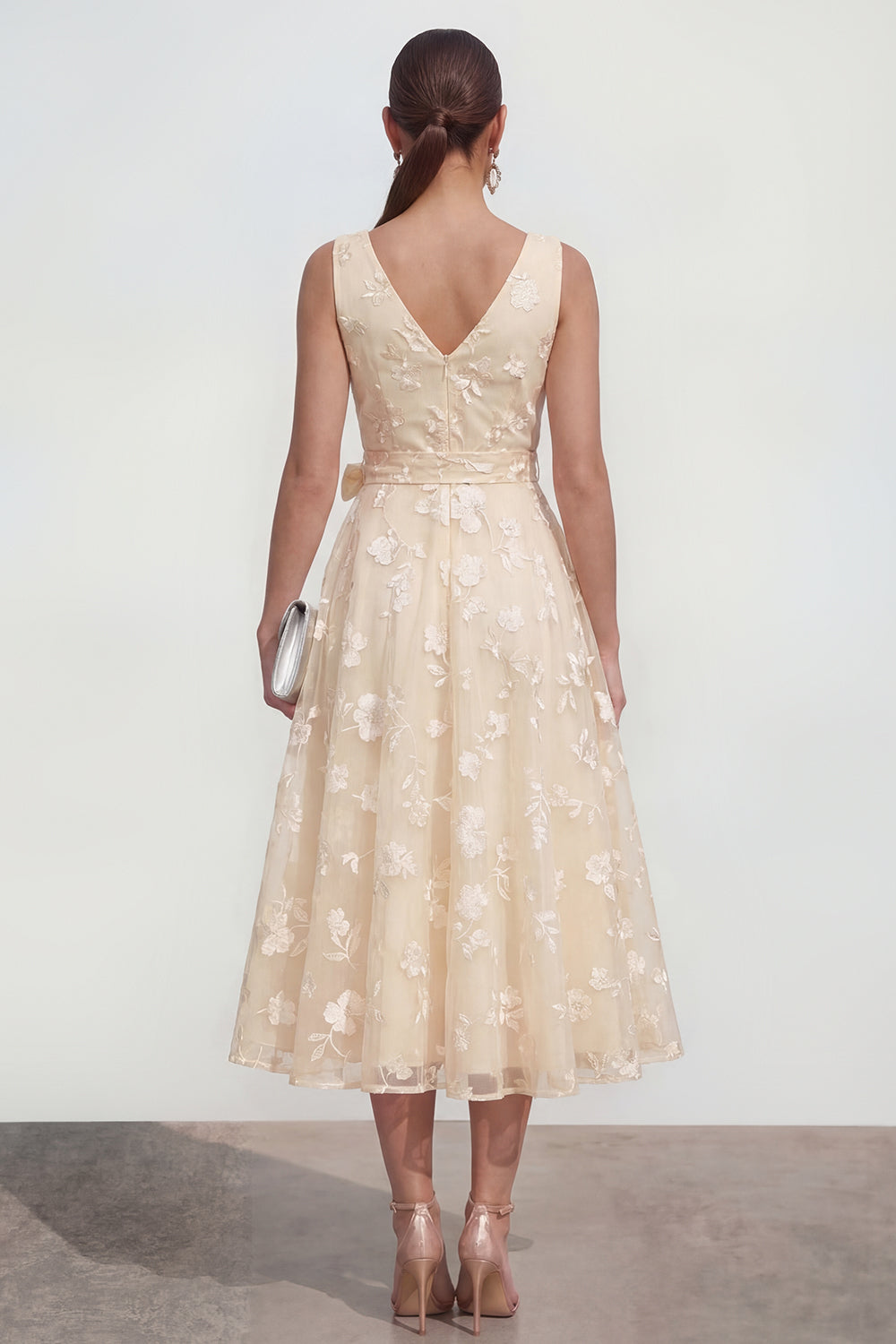 Apricot V-Neck A Line Floral Ruched Long Wedding Guest Dress with Bow