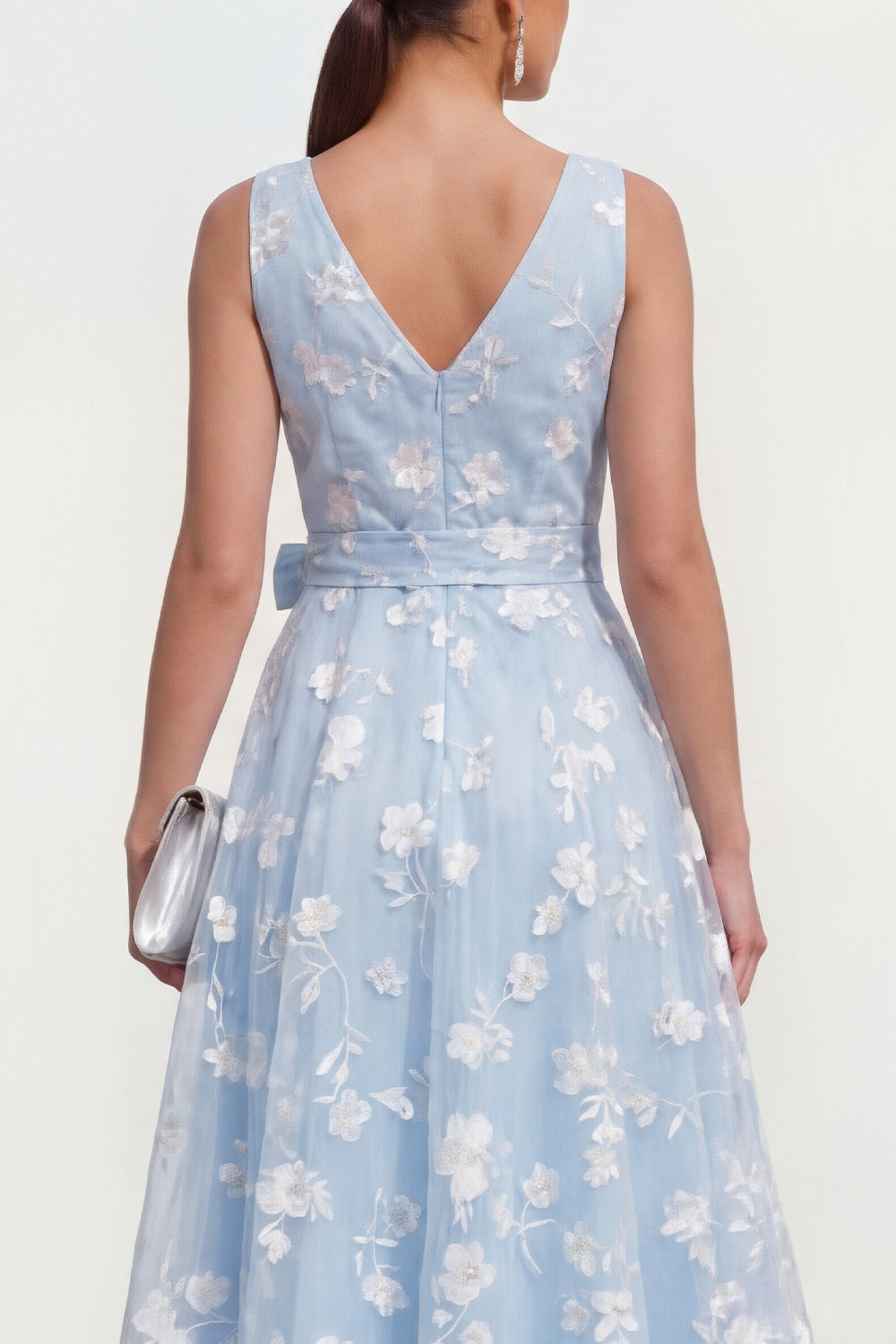 Apricot V-Neck A Line Floral Ruched Long Wedding Guest Dress with Bow