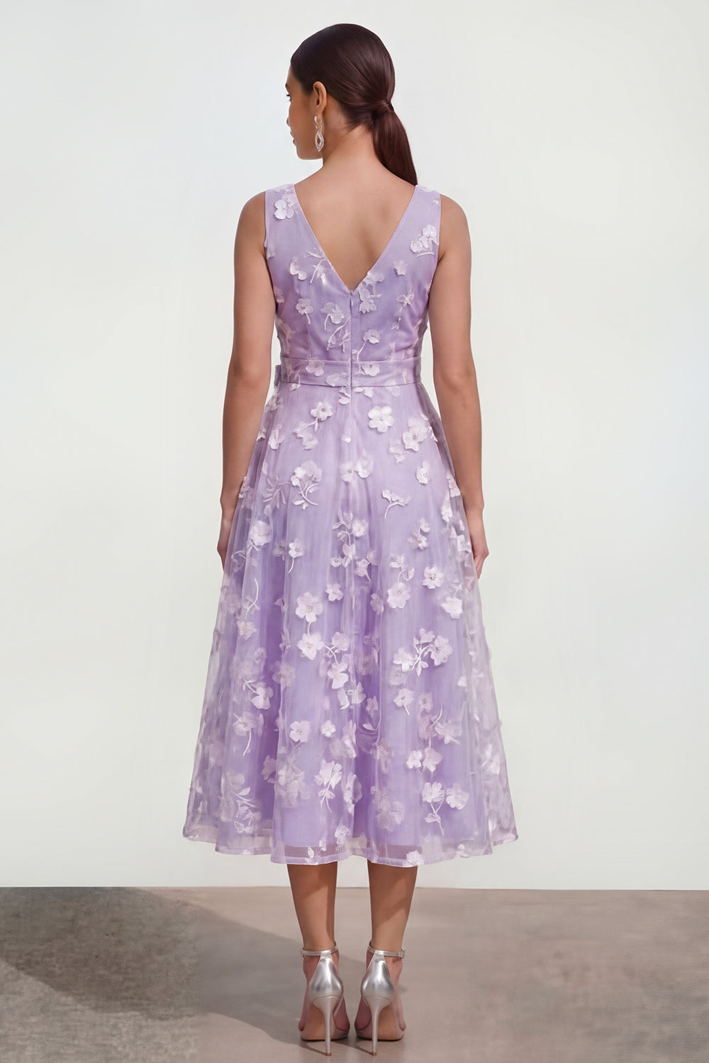 Apricot V-Neck A Line Floral Ruched Long Wedding Guest Dress with Bow