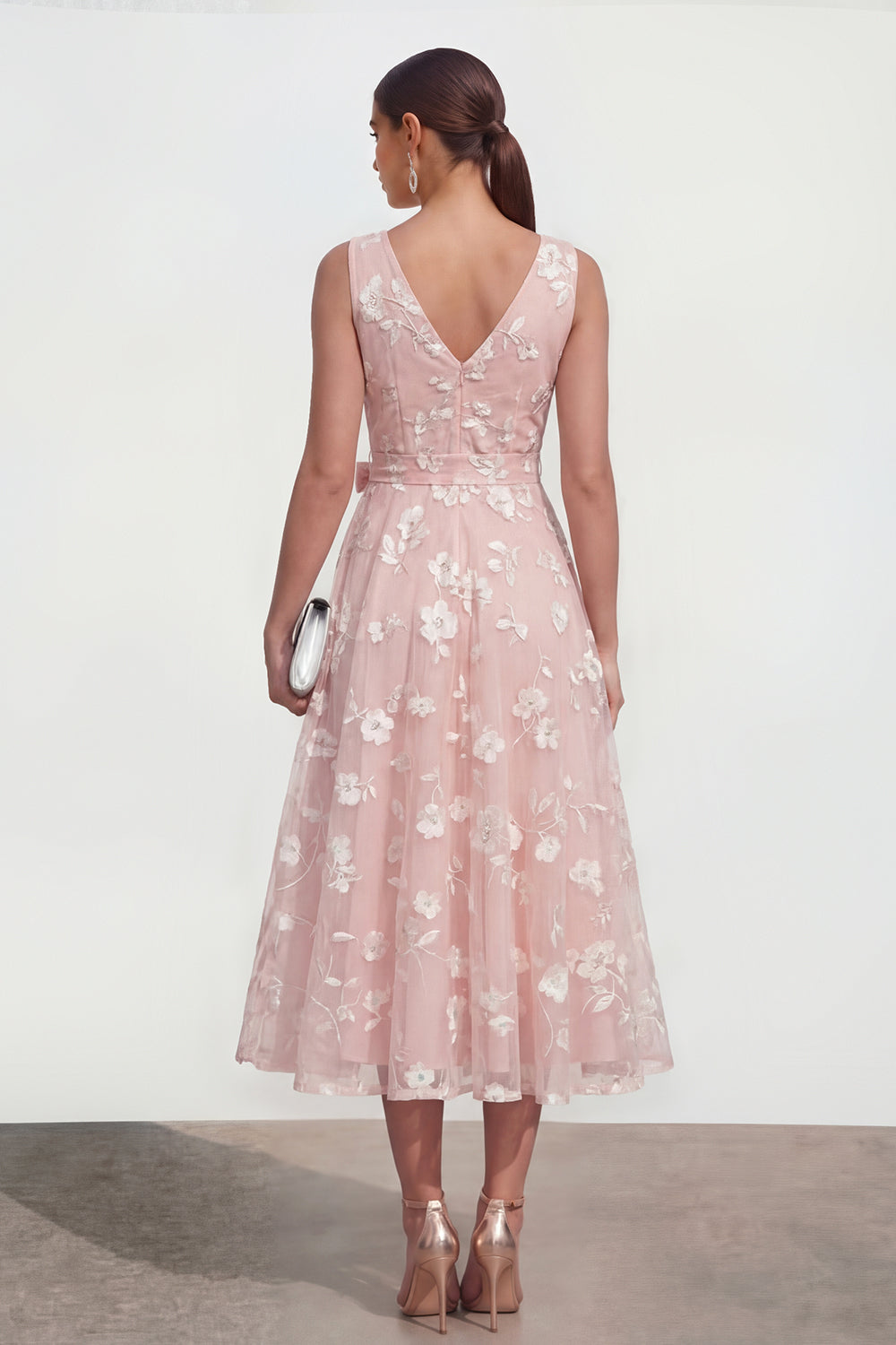 Apricot V-Neck A Line Floral Ruched Long Wedding Guest Dress with Bow