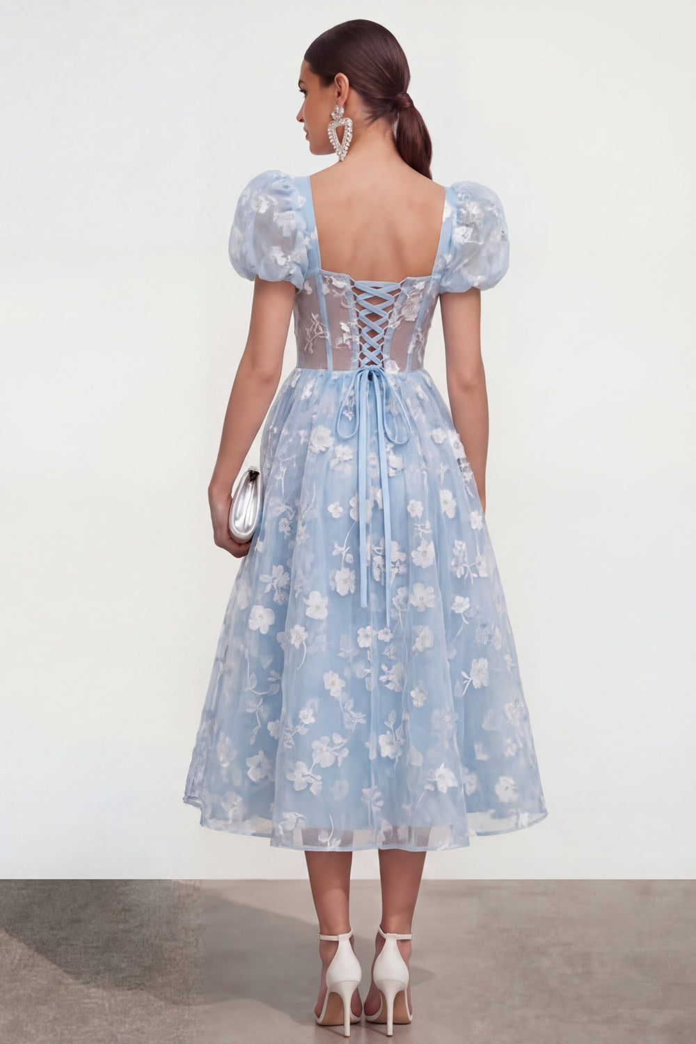 Blue Corset Puff Sleeves A Line Floral Long Wedding Guest Dress