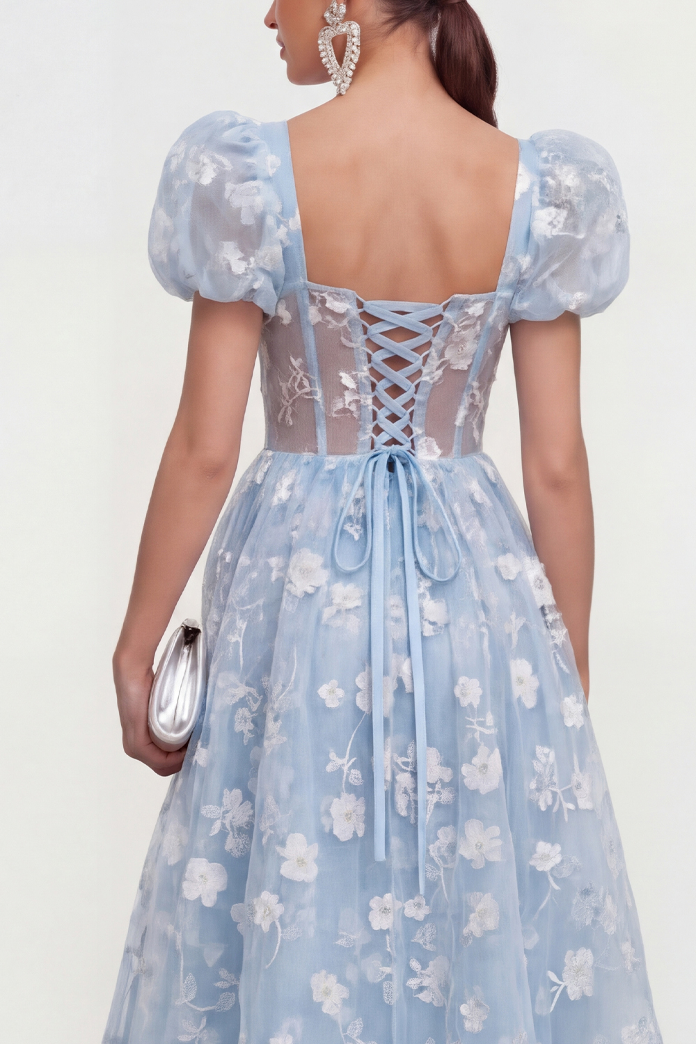 Blue Corset Puff Sleeves A Line Floral Long Wedding Guest Dress