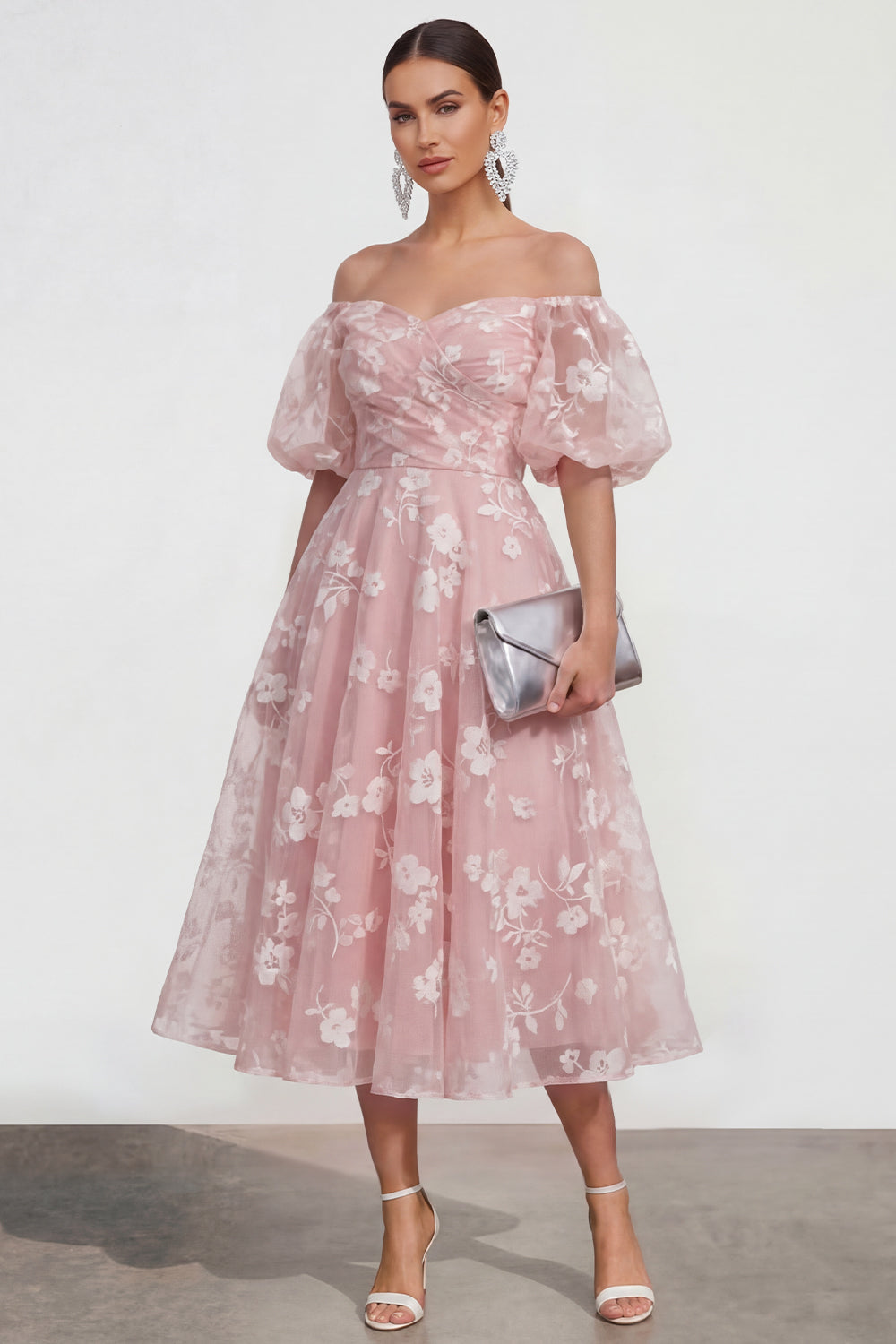 Whiter Pink A Line Puff Sleeves Floral Ruched Long Wedding Guest Dress