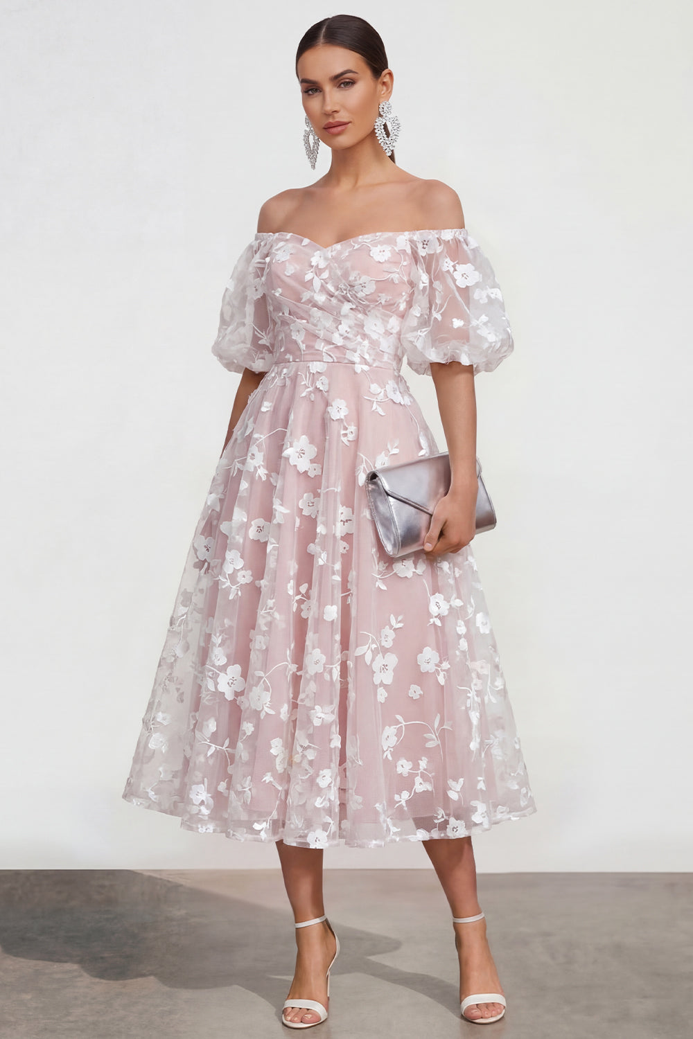 Whiter Pink A Line Puff Sleeves Floral Ruched Long Wedding Guest Dress
