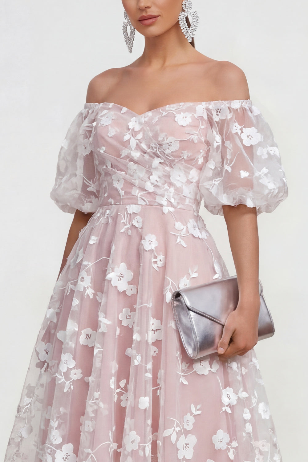Whiter Pink A Line Puff Sleeves Floral Ruched Long Wedding Guest Dress