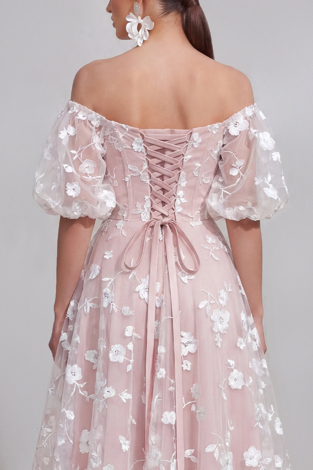 Whiter Pink A Line Puff Sleeves Floral Ruched Long Wedding Guest Dress