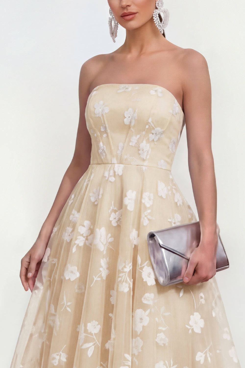 Blue Strapless A Line Corset Floral Maxi Wedding Guest Dress