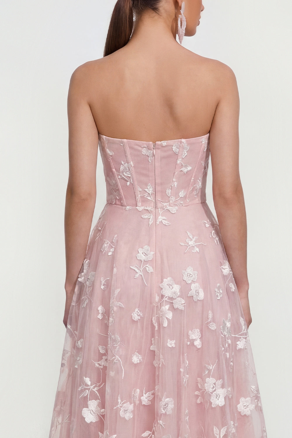 Blue Strapless A Line Corset Floral Maxi Wedding Guest Dress