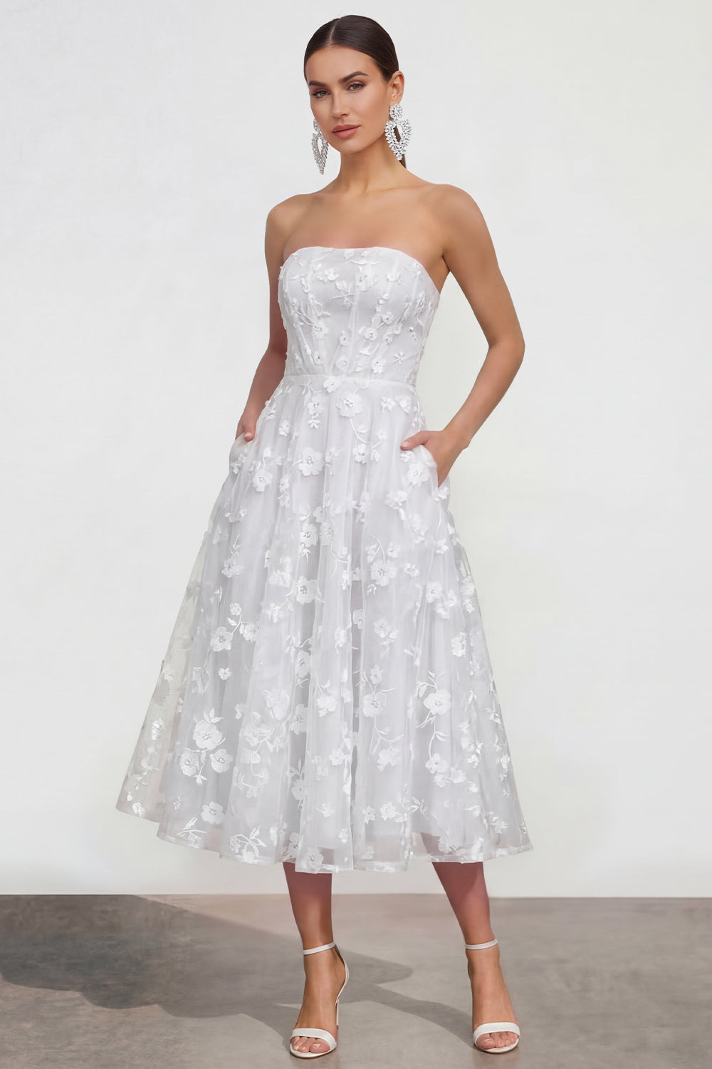 Blue Strapless A Line Corset Floral Maxi Wedding Guest Dress