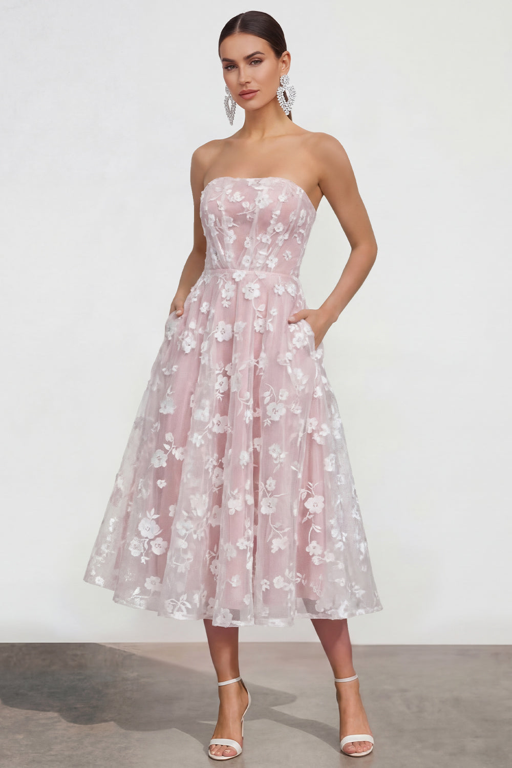 Blue Strapless A Line Corset Floral Maxi Wedding Guest Dress