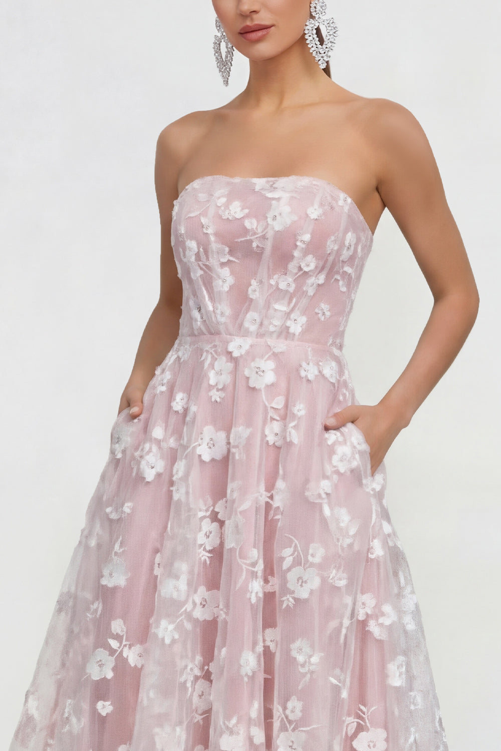 Blue Strapless A Line Corset Floral Maxi Wedding Guest Dress