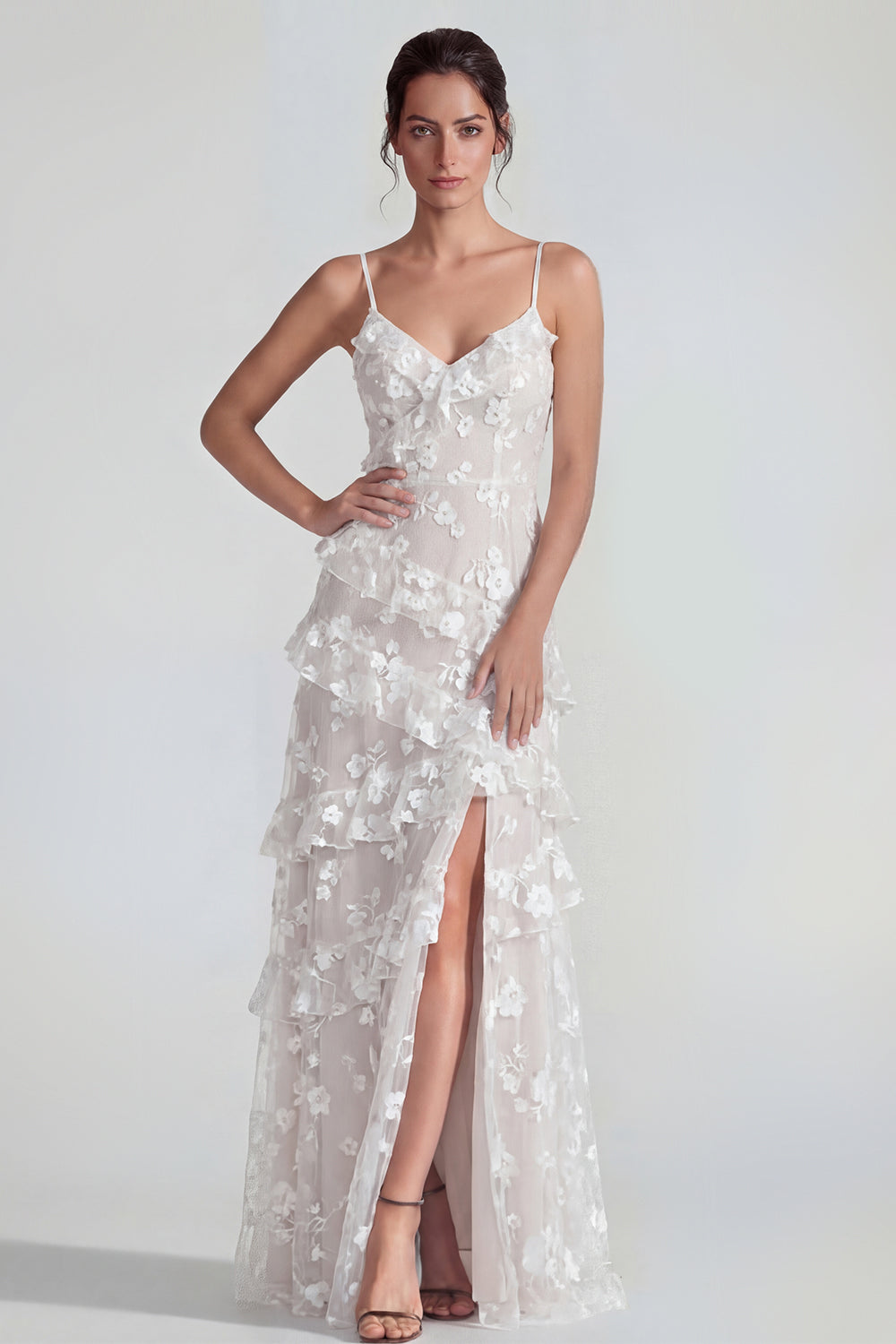 White A Line Ruffled Floral Spaghetti Straps Maxi Wedding Guest Dress