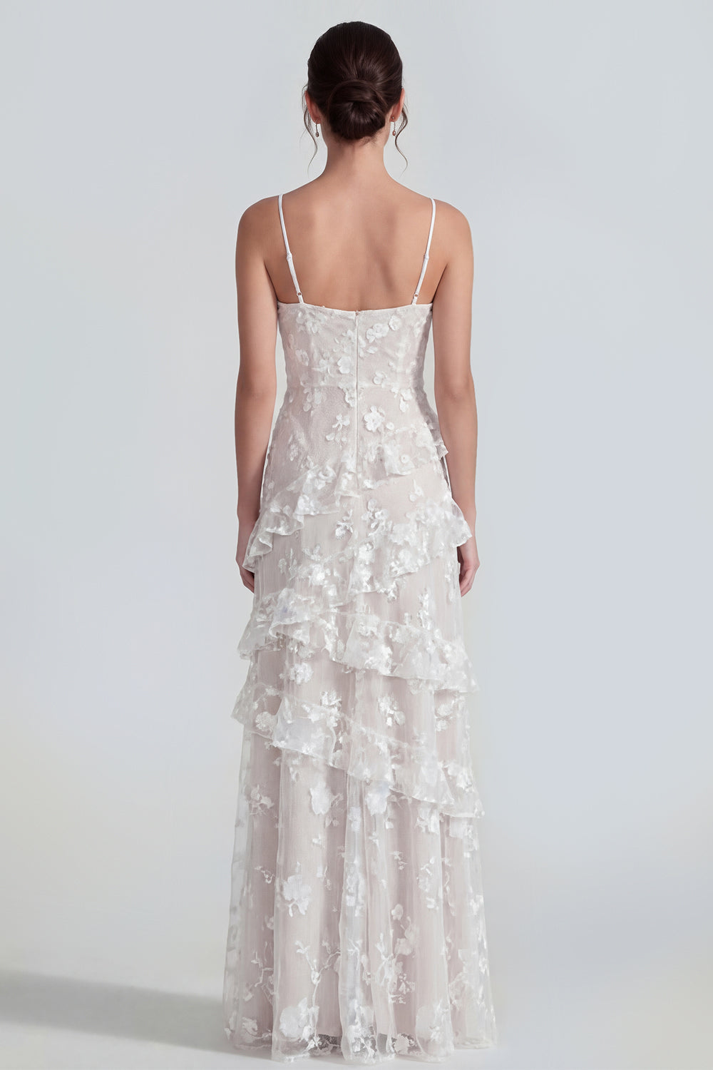 White A Line Ruffled Floral Spaghetti Straps Maxi Wedding Guest Dress