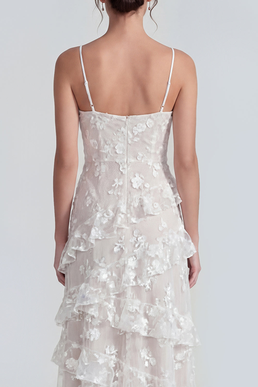 White A Line Ruffled Floral Spaghetti Straps Maxi Wedding Guest Dress