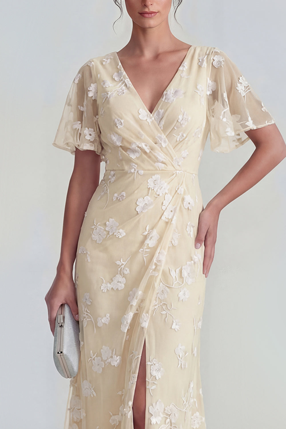 Lilac Floral Sheath Ruched Flutter Sleeves Maxi Wedding Guest Dress with Slit