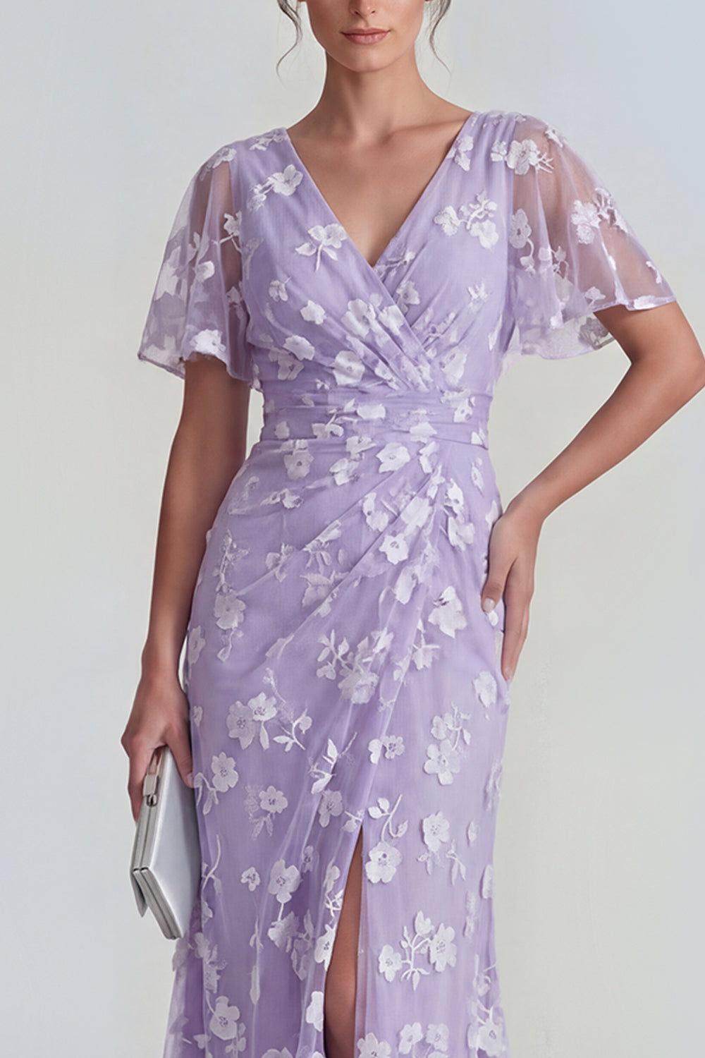 Lilac Floral Sheath Ruched Flutter Sleeves Maxi Wedding Guest Dress with Slit
