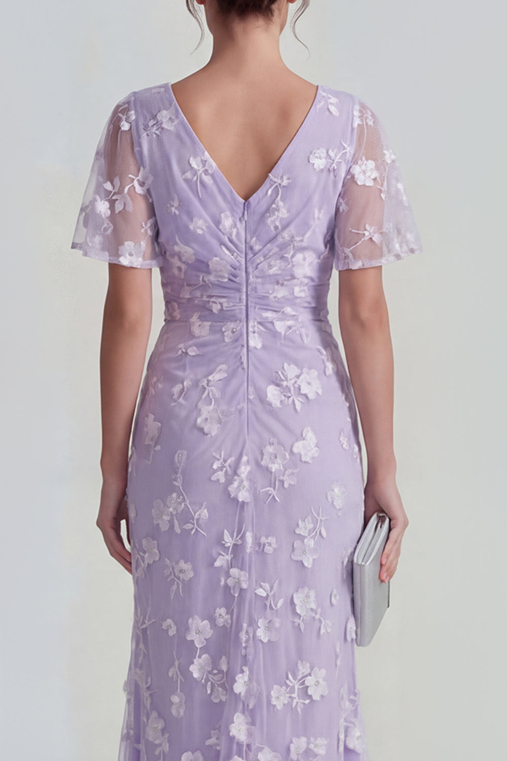 Lilac Floral Sheath Ruched Flutter Sleeves Maxi Wedding Guest Dress with Slit