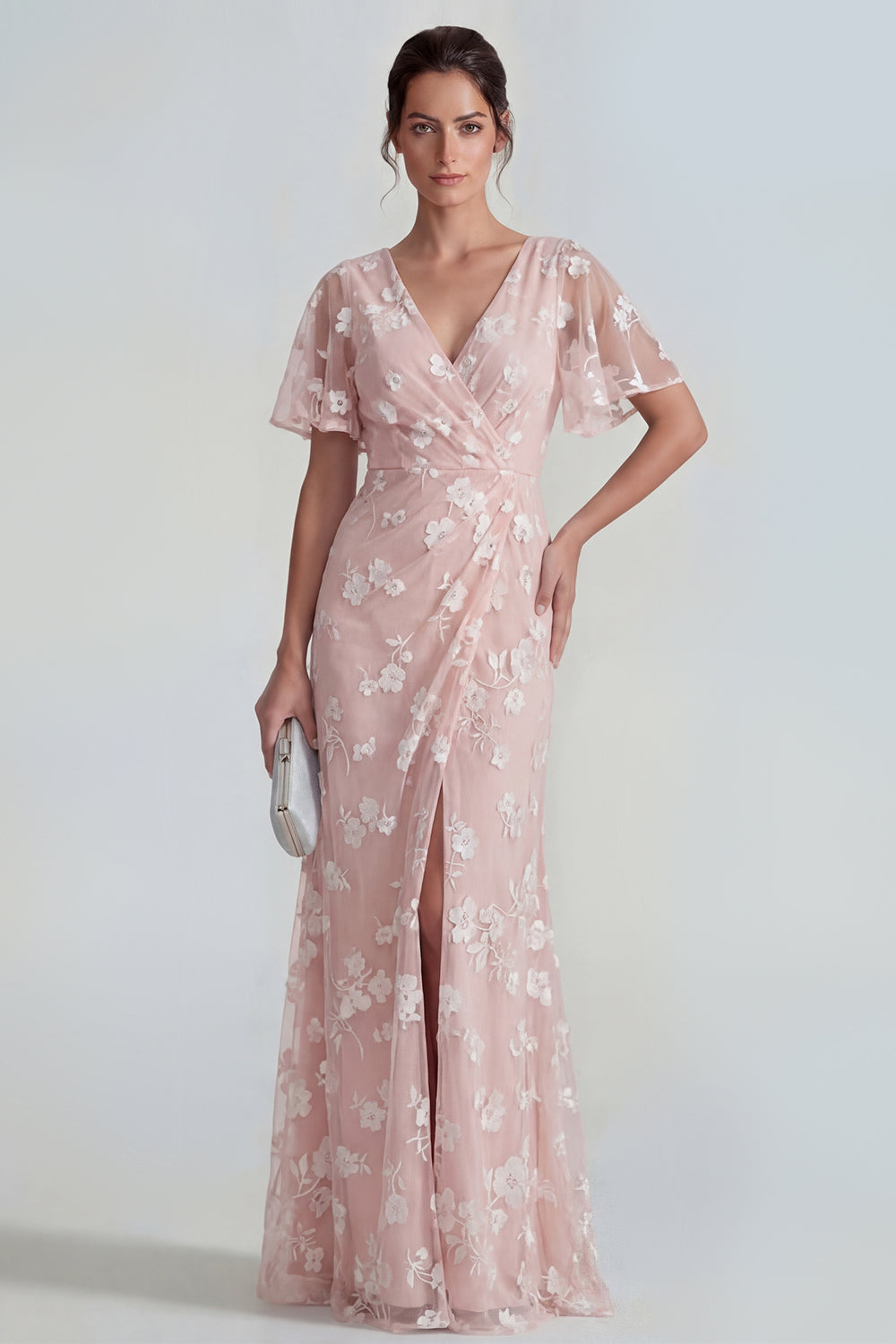 Lilac Floral Sheath Ruched Flutter Sleeves Maxi Wedding Guest Dress with Slit