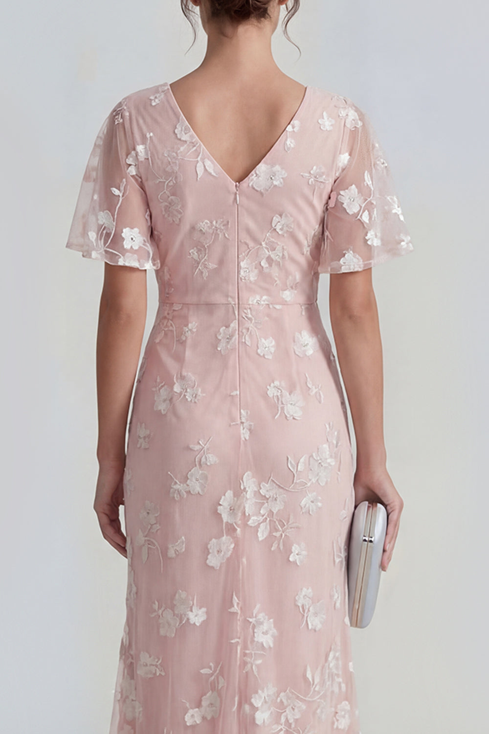 Lilac Floral Sheath Ruched Flutter Sleeves Maxi Wedding Guest Dress with Slit