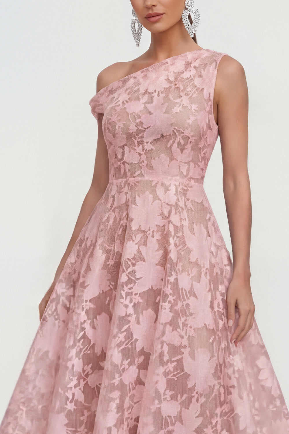 Blue A Line Floral Asymmetrical Shoulder Maxi Wedding Guest Dress