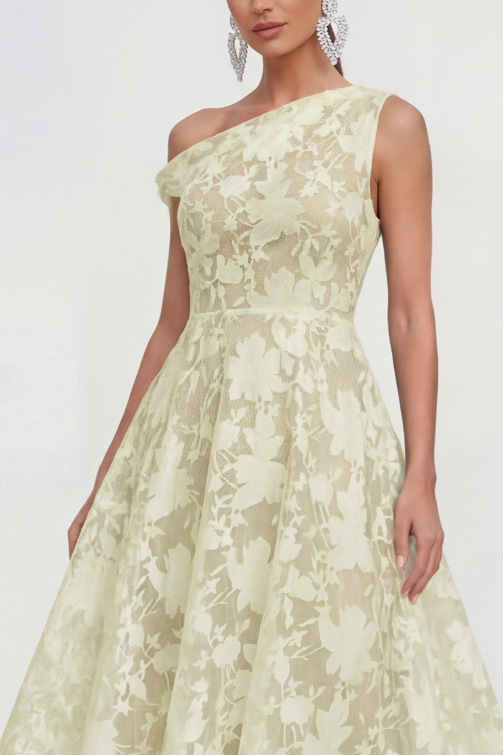 Blue A Line Floral Asymmetrical Shoulder Maxi Wedding Guest Dress